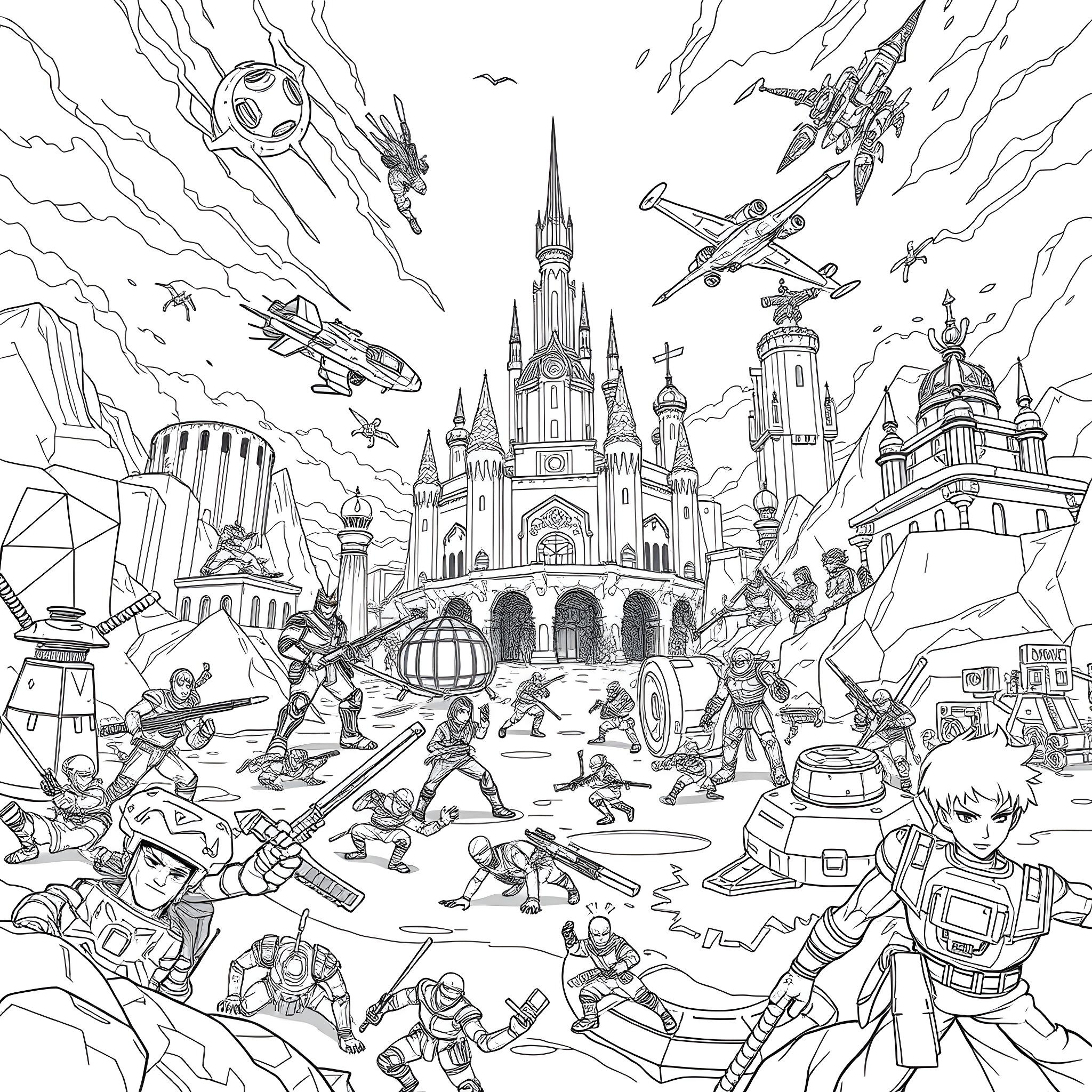 Fortnite characters in a fantastical battle scene Coloring Page (free black-and-white line drawing printable PDF for all, from beginners to advanced learners, including children, teens, adults, and seniors)