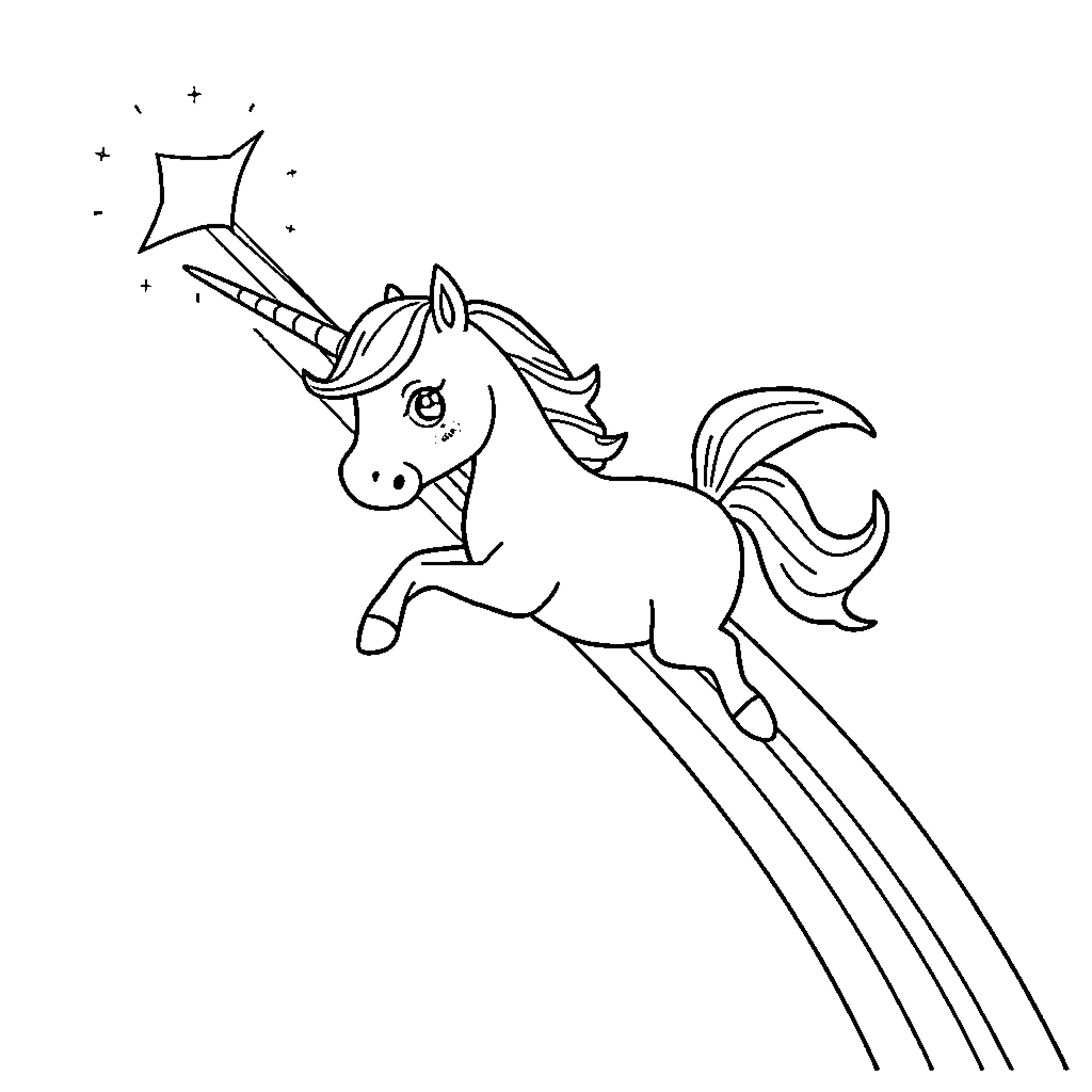 Unicorn chasing a sparkling star Coloring Page (free black-and-white line drawing printable PDF for all, from beginners to advanced learners, including children, teens, adults, and seniors)