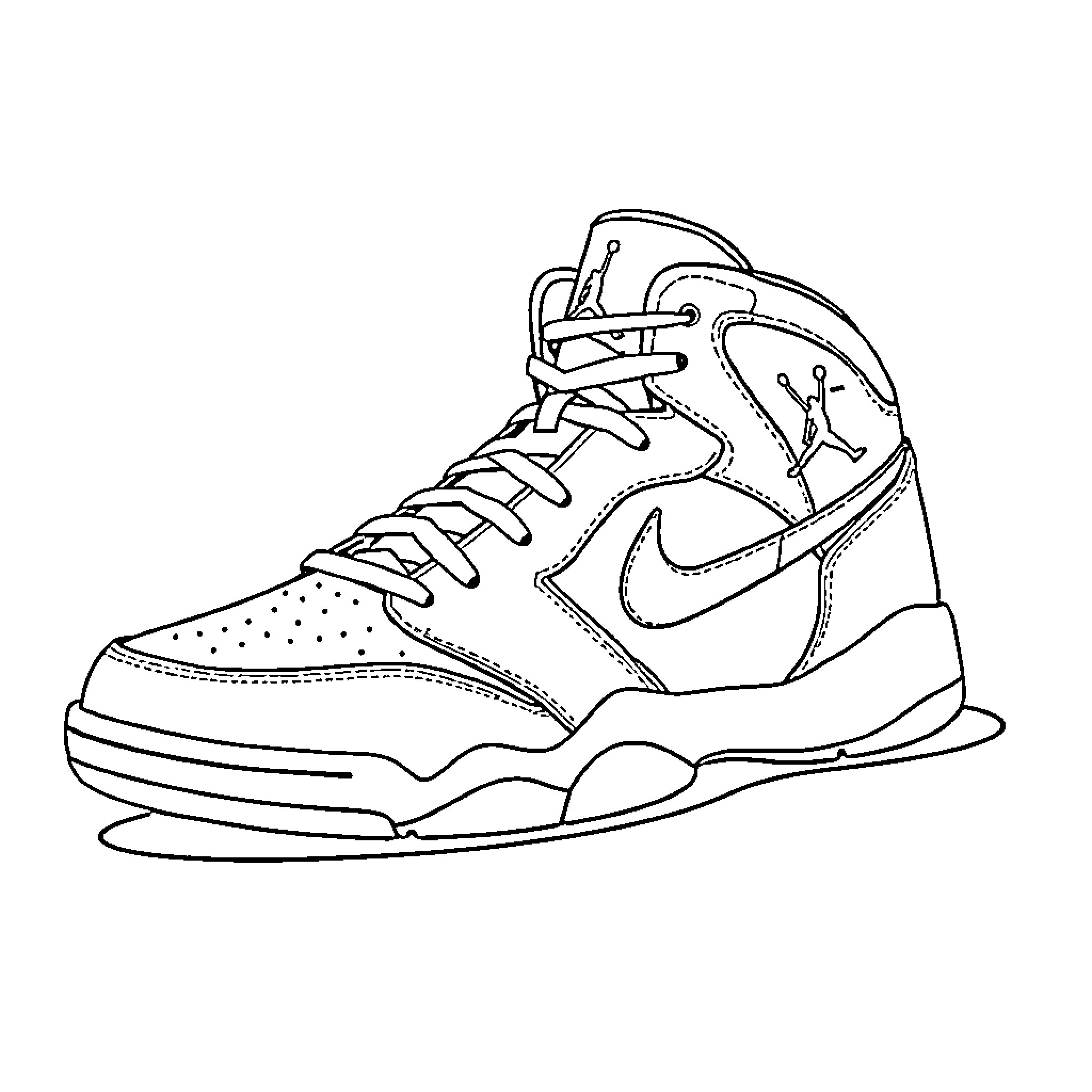 Jordan athletic sneakers with laces and logo Coloring Page (free black-and-white line drawing printable PDF for all, from beginners to advanced learners, including children, teens, adults, and seniors)