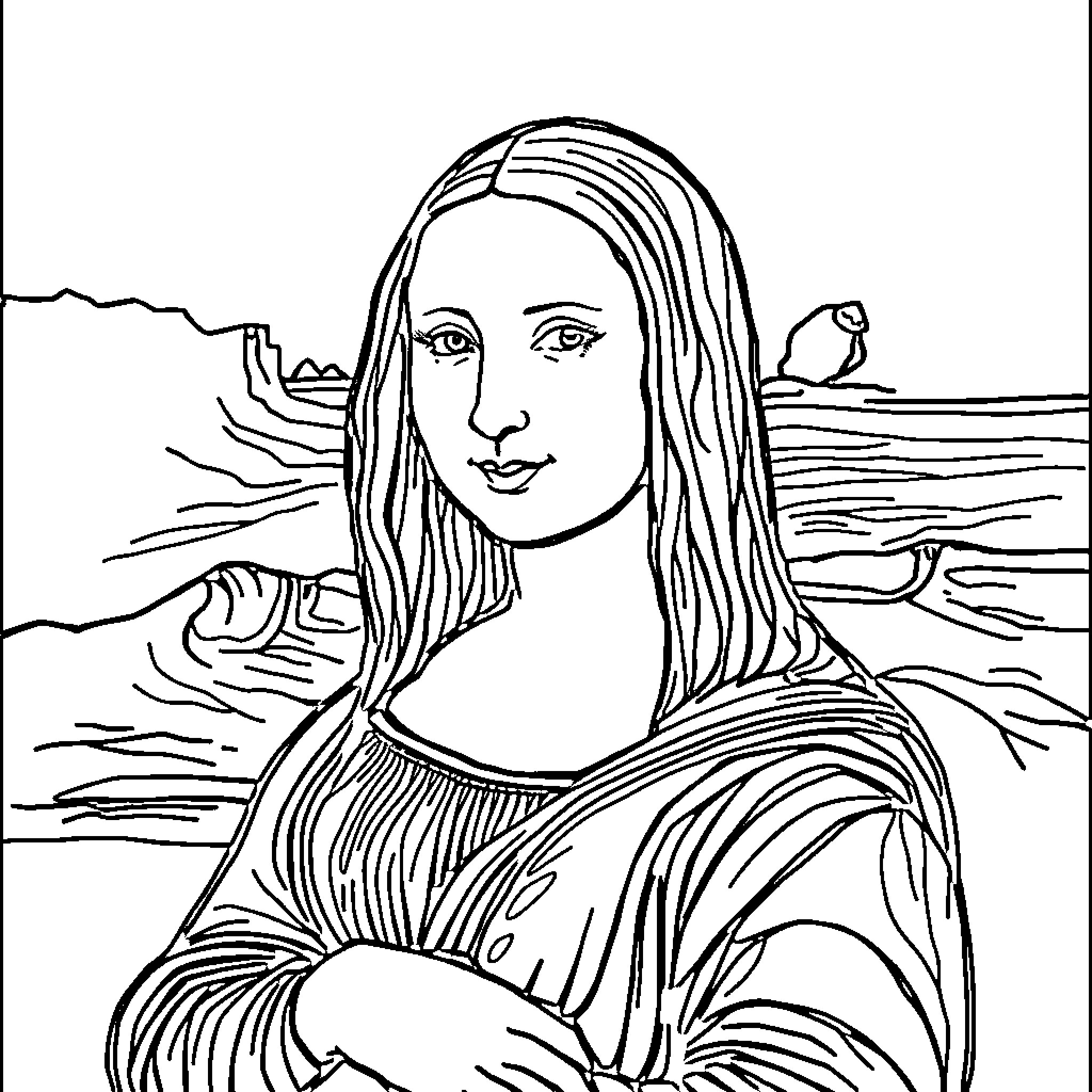 Mona Lisa in Thoughtful Repose Coloring Page (free black-and-white line drawing printable PDF for all, from beginners to advanced learners, including children, teens, adults, and seniors)