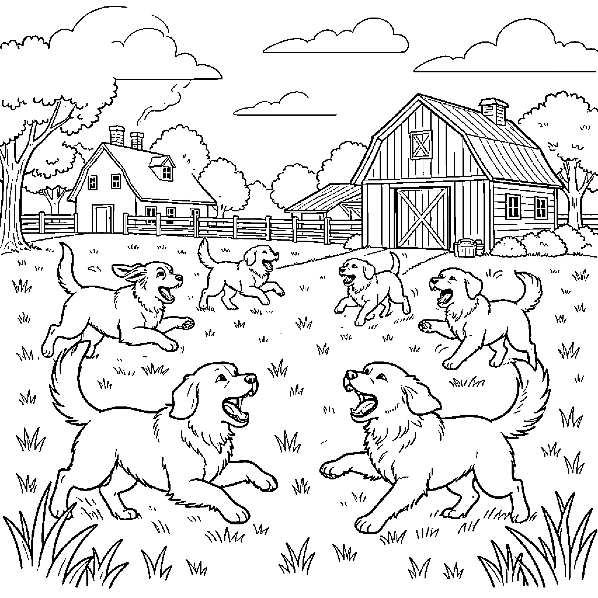 Dogs playing joyfully in a farmyard Coloring Page (free black-and-white line drawing printable PDF for all, from beginners to advanced learners, including children, teens, adults, and seniors)