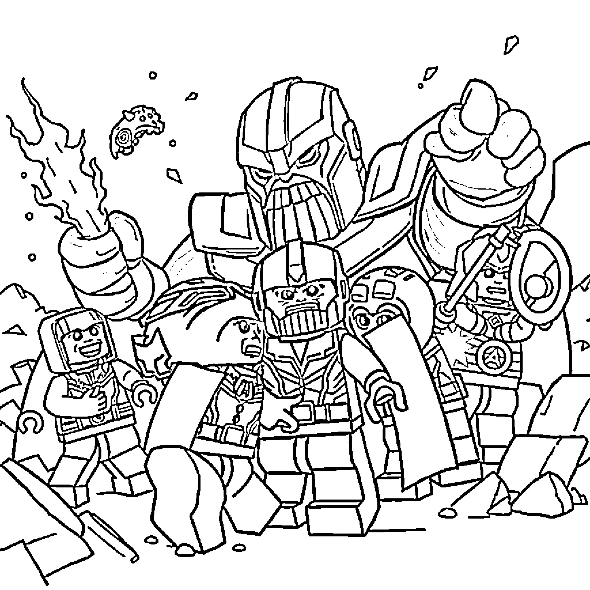 Lego Avengers in action-packed battle Coloring Page (free black-and-white line drawing printable PDF for all, from beginners to advanced learners, including children, teens, adults, and seniors)