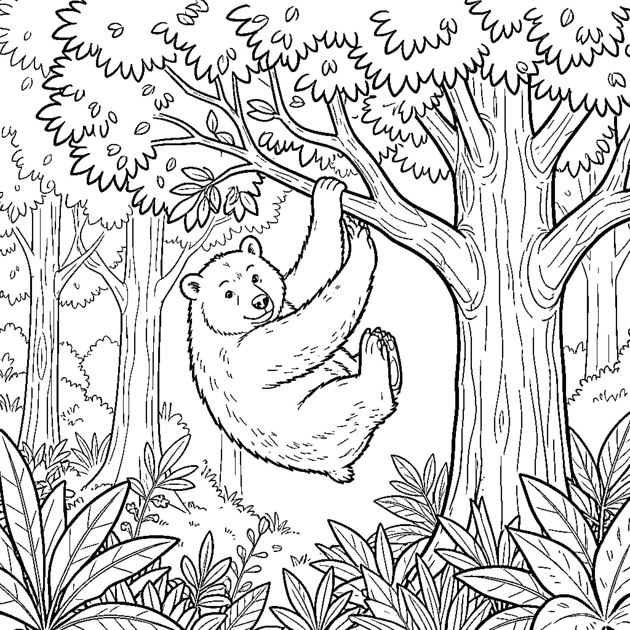 Sloth hanging peacefully in the forest Coloring Page (free black-and-white line drawing printable PDF for all, from beginners to advanced learners, including children, teens, adults, and seniors)