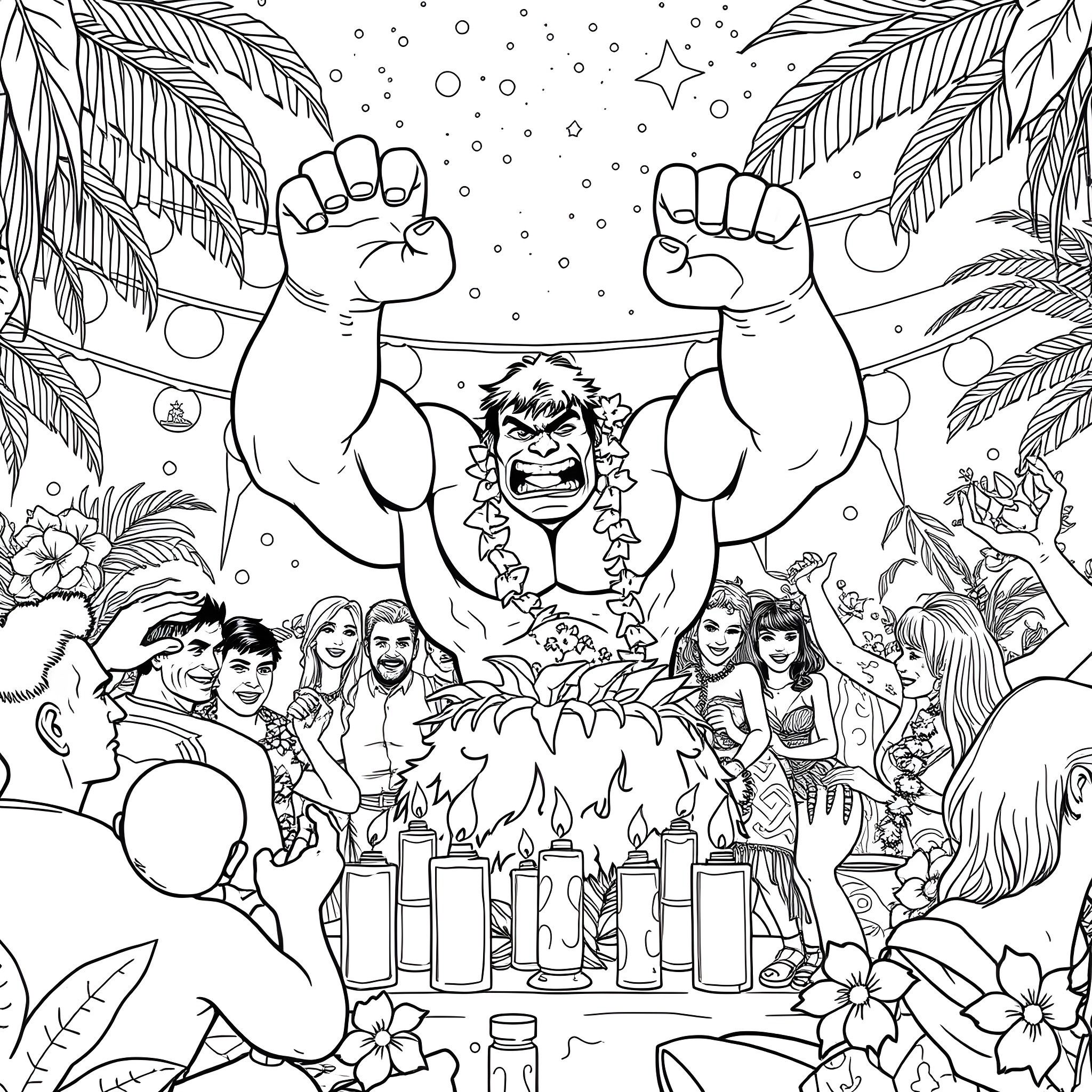 Hulk Smashing and Destroying in Tropical Paradise Coloring Page (free black-and-white line drawing printable PDF for all, from beginners to advanced learners, including children, teens, adults, and seniors)