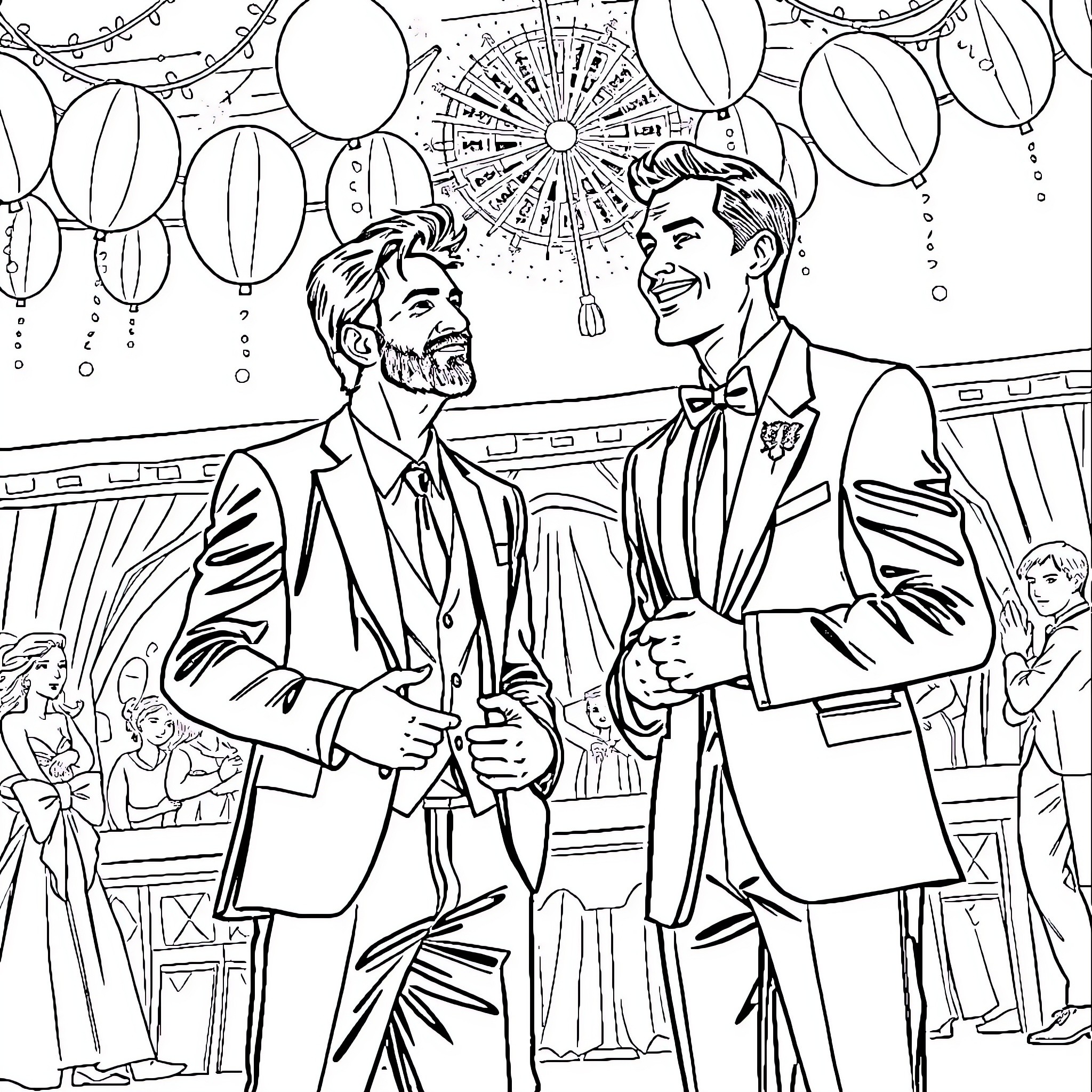 Messi Celebrating at a Formal Event with a Friend Coloring Page (free black-and-white line drawing printable PDF for all, from beginners to advanced learners, including children, teens, adults, and seniors)