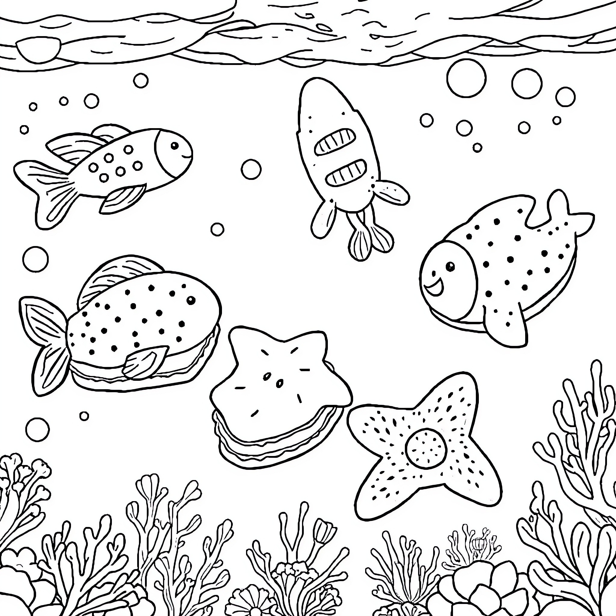Ice Cream Sandwich Under the Sea Coloring Page (free black-and-white line drawing printable PDF for all, from beginners to advanced learners, including children, teens, adults, and seniors)