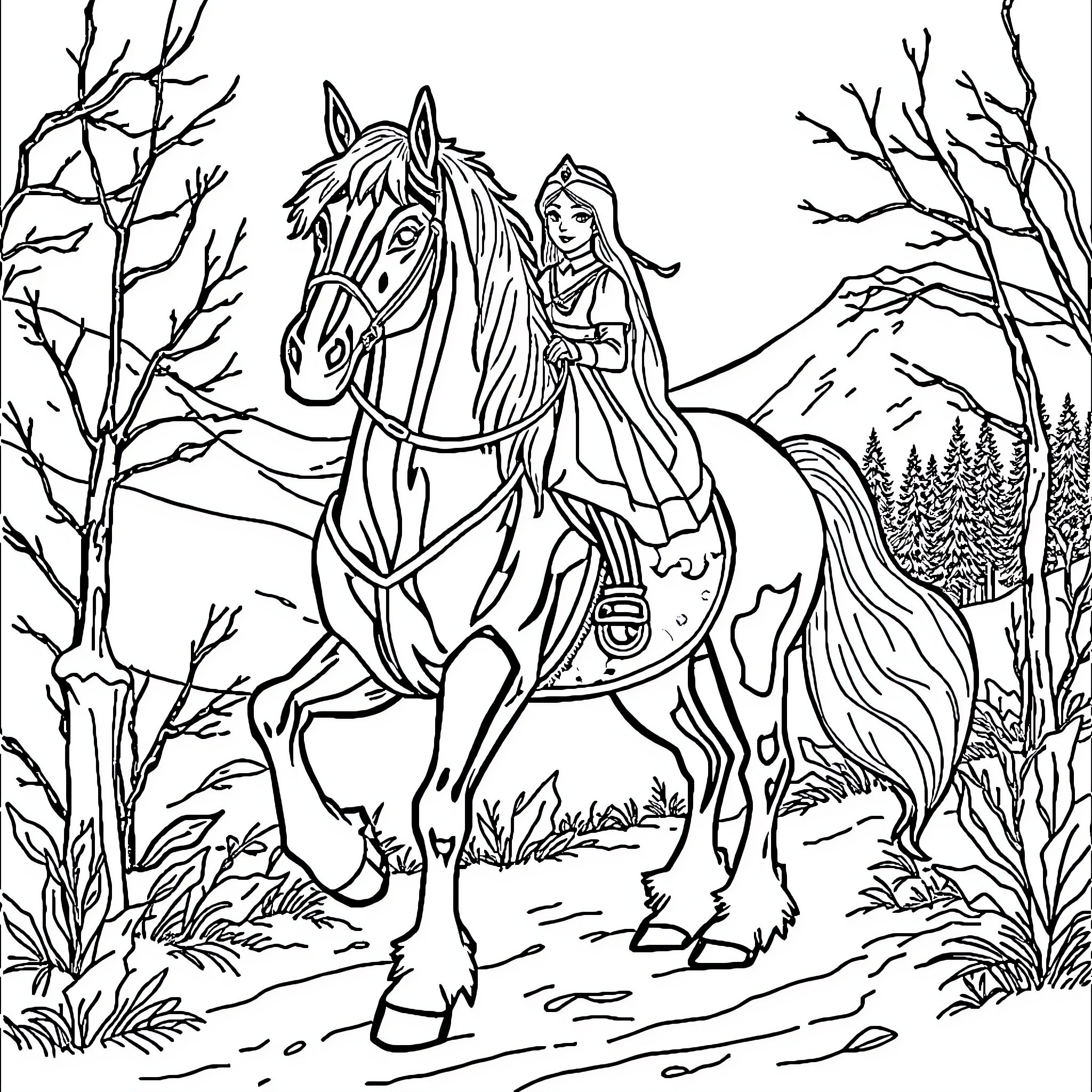 Snow Queen Riding Majestic Horse Through Winter Wonderland Coloring Page (free black-and-white line drawing printable PDF for all, from beginners to advanced learners, including children, teens, adults, and seniors)