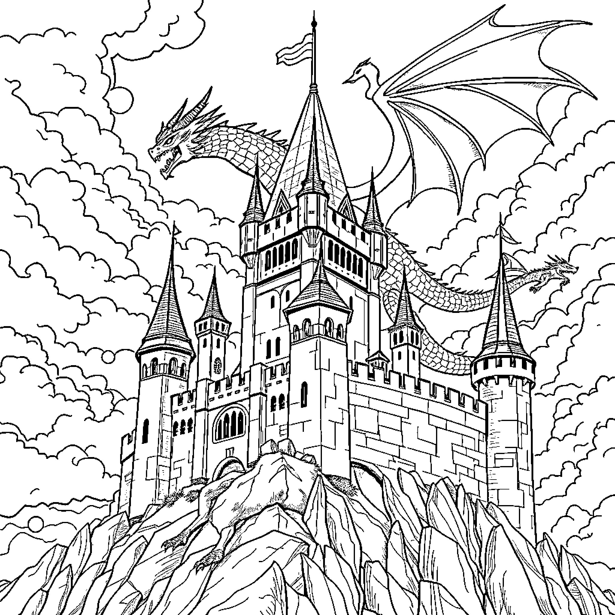 Dragon guarding the enchanted castle in the clouds Coloring Page (free black-and-white line drawing printable PDF for all, from beginners to advanced learners, including children, teens, adults, and seniors)