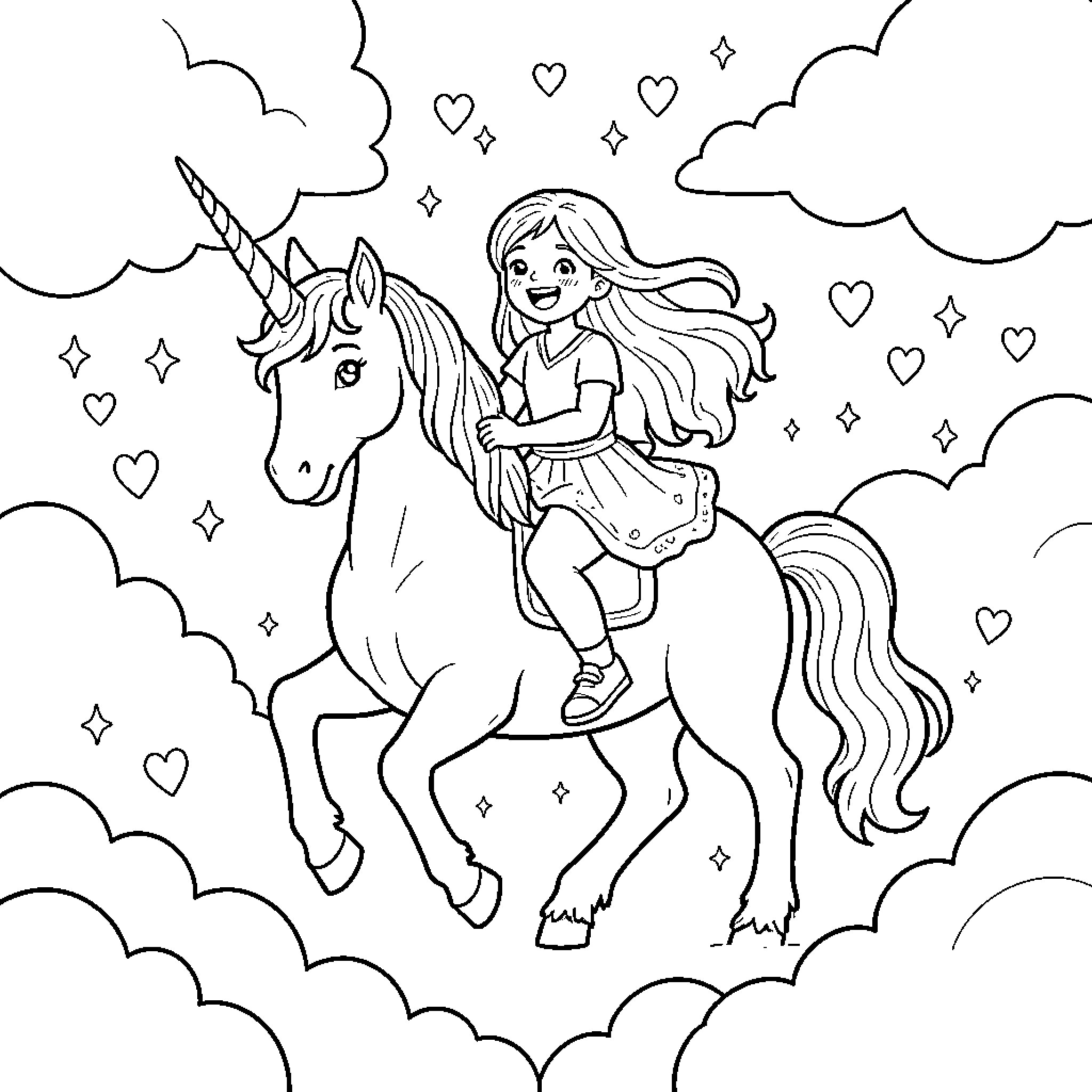 Girl riding magical unicorn in enchanted forest Coloring Page (free black-and-white line drawing printable PDF for all, from beginners to advanced learners, including children, teens, adults, and seniors)