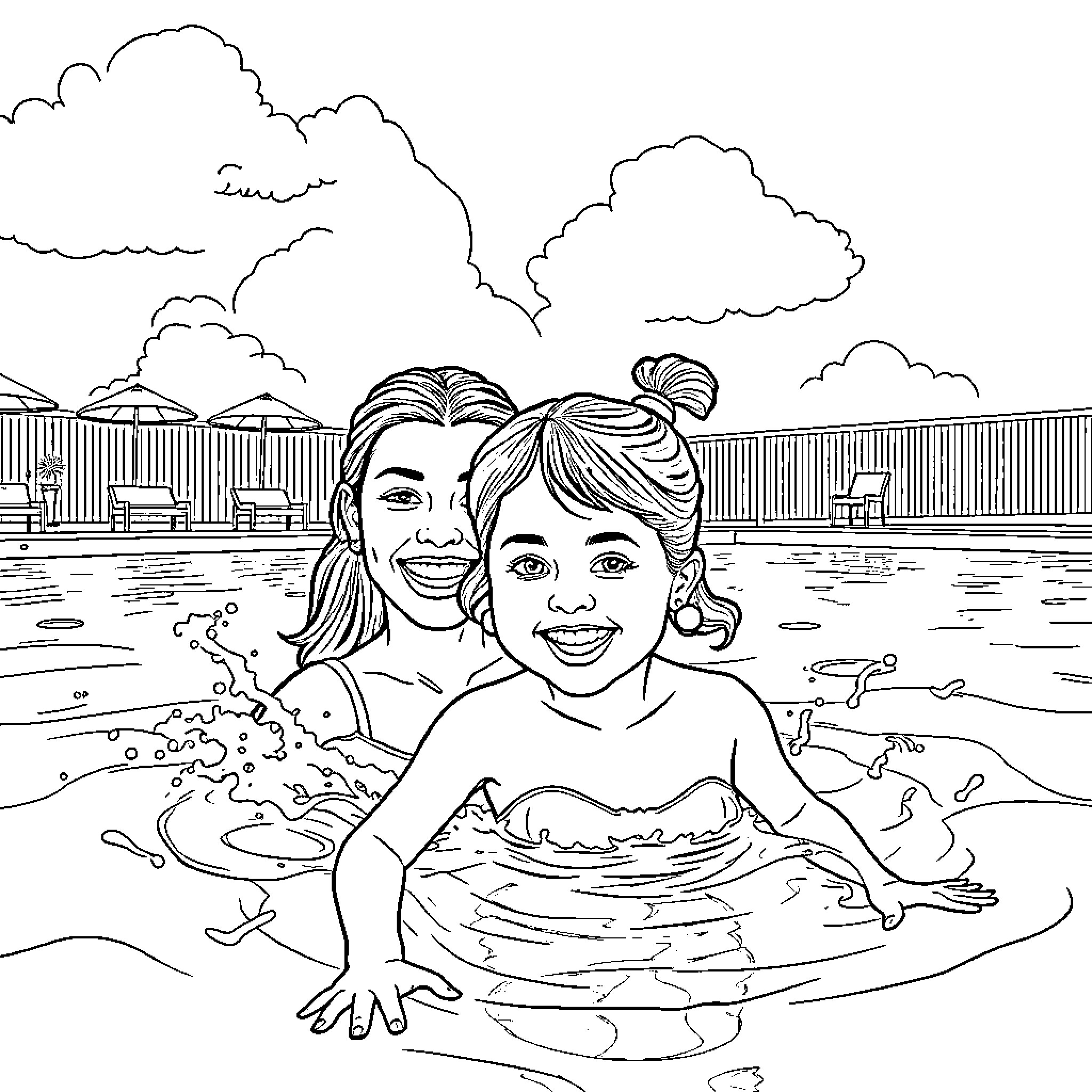 Women enjoying a day at the beach Coloring Page (free black-and-white line drawing printable PDF for all, from beginners to advanced learners, including children, teens, adults, and seniors)