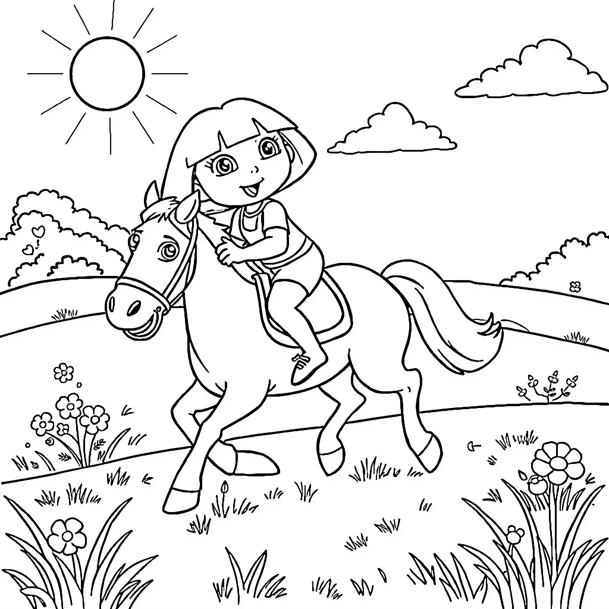 Dora riding a horse in the countryside Coloring Page (free black-and-white line drawing printable PDF for all, from beginners to advanced learners, including children, teens, adults, and seniors)