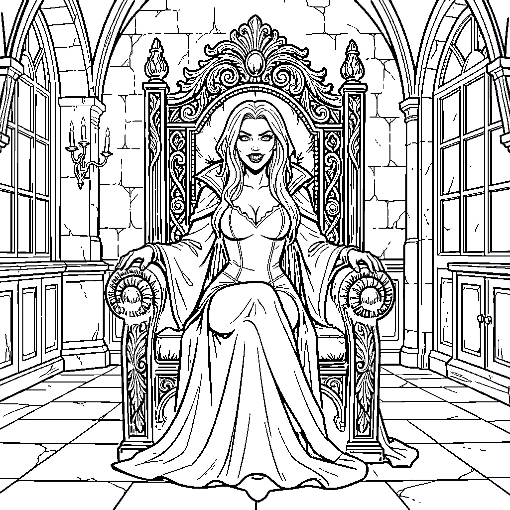 Vampire Queen in Ornate Throne Room Coloring Page (free black-and-white line drawing printable PDF for all, from beginners to advanced learners, including children, teens, adults, and seniors)