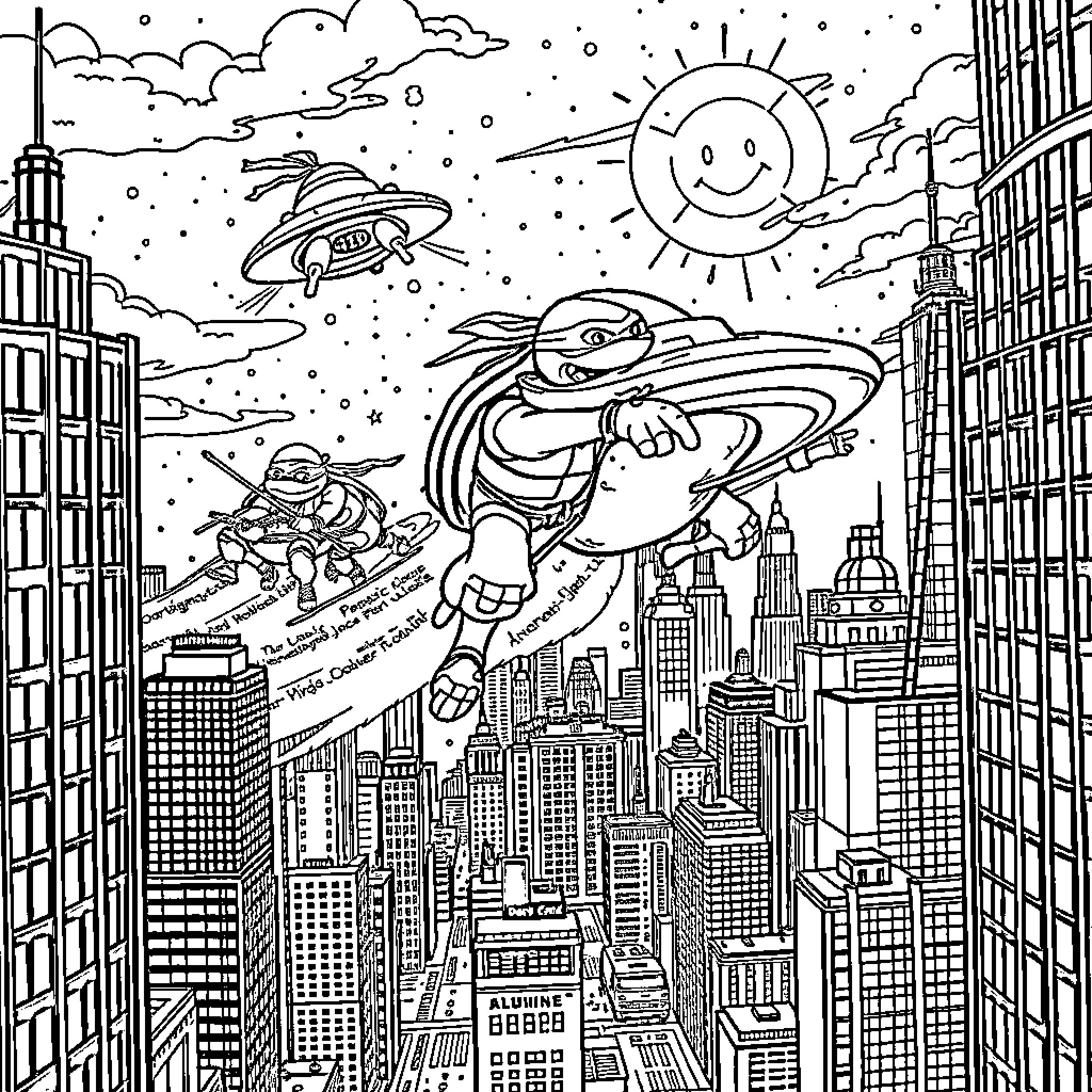 Ninja Turtle flying over the city skyscrapers Coloring Page (free black-and-white line drawing printable PDF for all, from beginners to advanced learners, including children, teens, adults, and seniors)