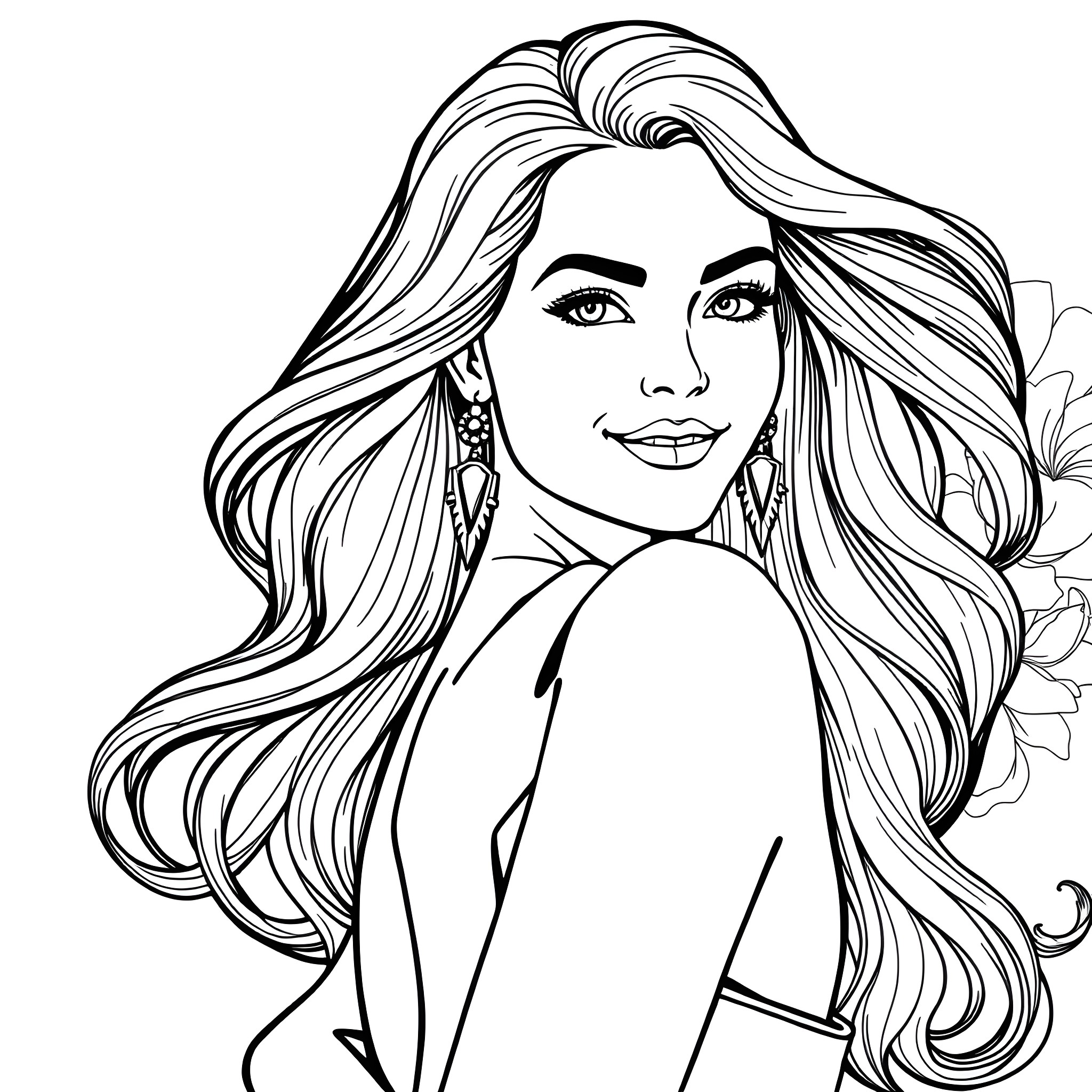 Woman with elegant hairstyle and glamorous attire Coloring Page (free black-and-white line drawing printable PDF for all, from beginners to advanced learners, including children, teens, adults, and seniors)