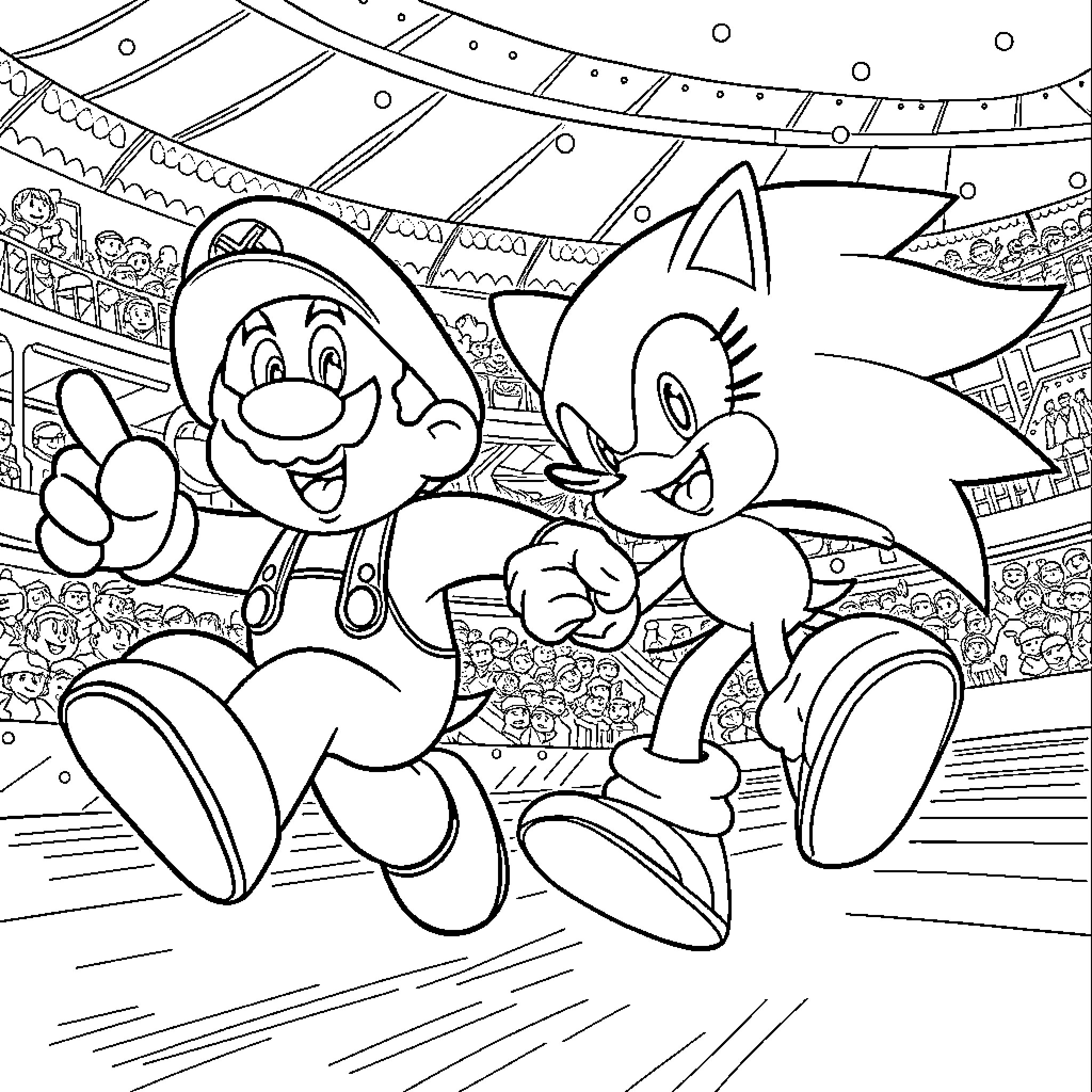 Mario and Sonic's Exciting Stadium Adventure Coloring Page (free black-and-white line drawing printable PDF for all, from beginners to advanced learners, including children, teens, adults, and seniors)