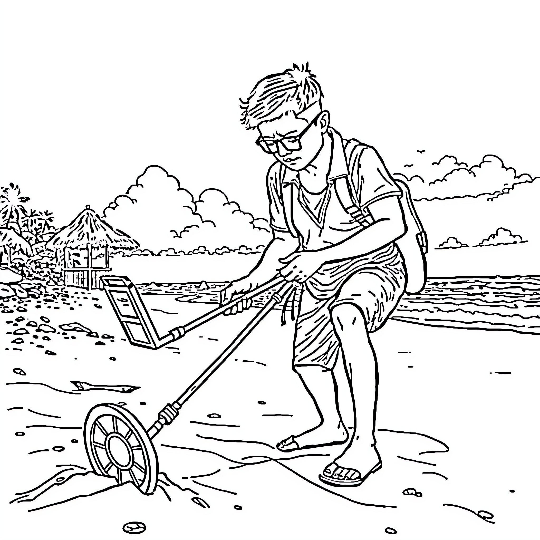 Man exploring beachfront with metal detector Coloring Page (free black-and-white line drawing printable PDF for all, from beginners to advanced learners, including children, teens, adults, and seniors)
