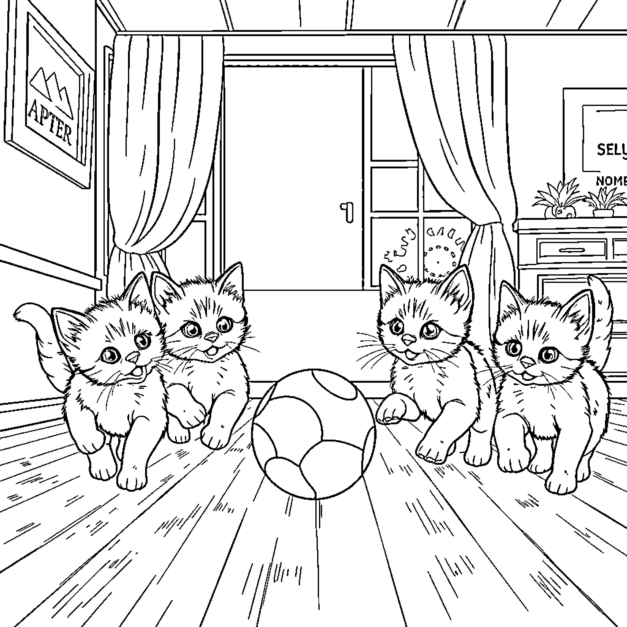 Kittens exploring and playing in the room Coloring Page (free black-and-white line drawing printable PDF for all, from beginners to advanced learners, including children, teens, adults, and seniors)