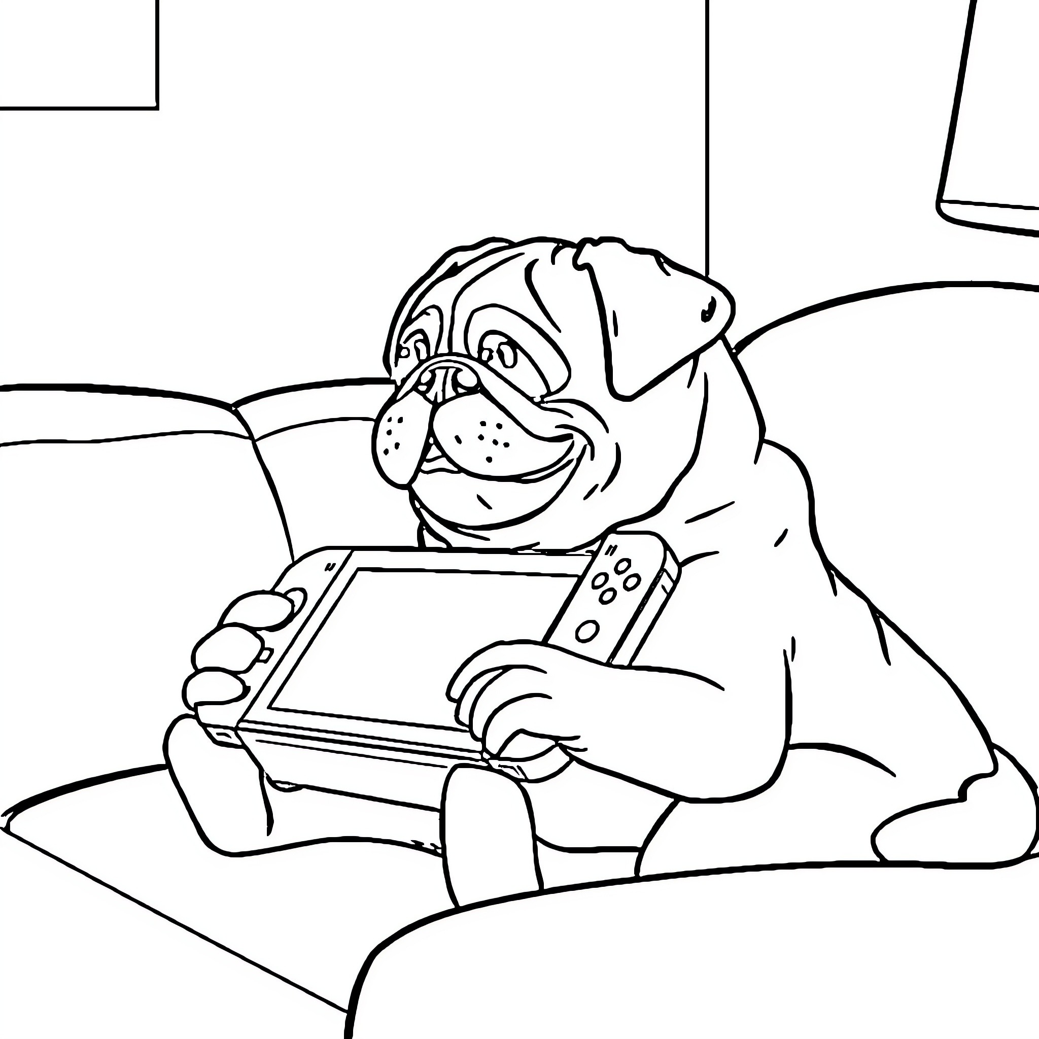 Pug playing video game on tablet Coloring Page (free black-and-white line drawing printable PDF for all, from beginners to advanced learners, including children, teens, adults, and seniors)