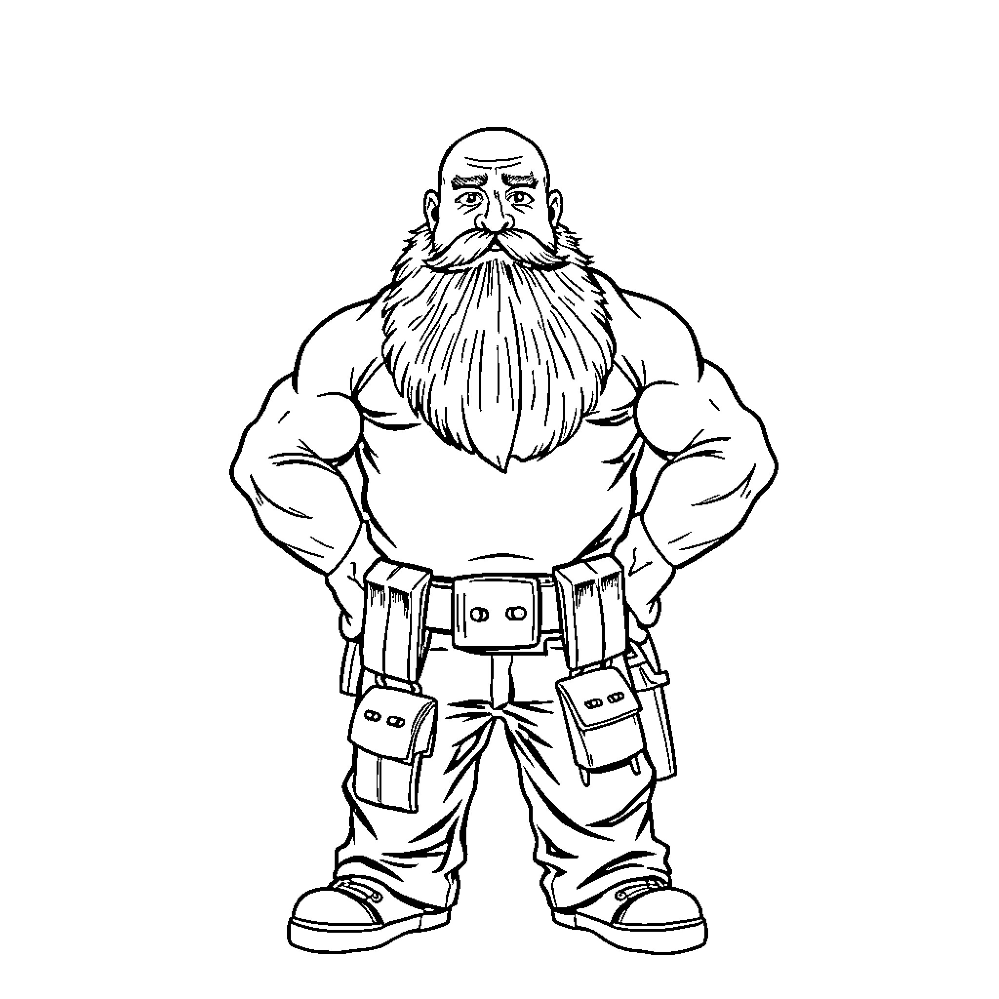 Man with muscular body and large beard Coloring Page (free black-and-white line drawing printable PDF for all, from beginners to advanced learners, including children, teens, adults, and seniors)
