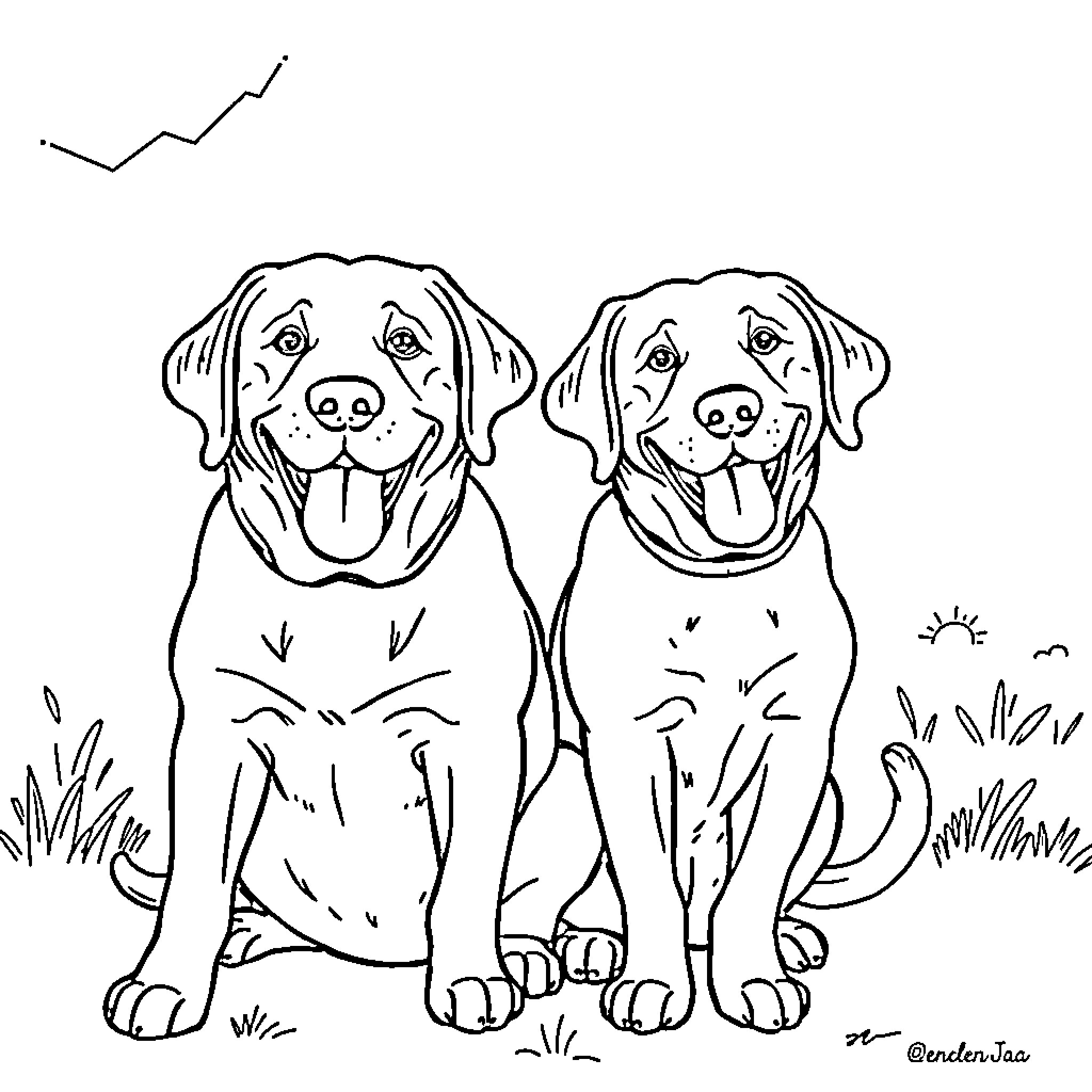 Labrador dogs sitting contentedly in grassy field Coloring Page (free black-and-white line drawing printable PDF for all, from beginners to advanced learners, including children, teens, adults, and seniors)