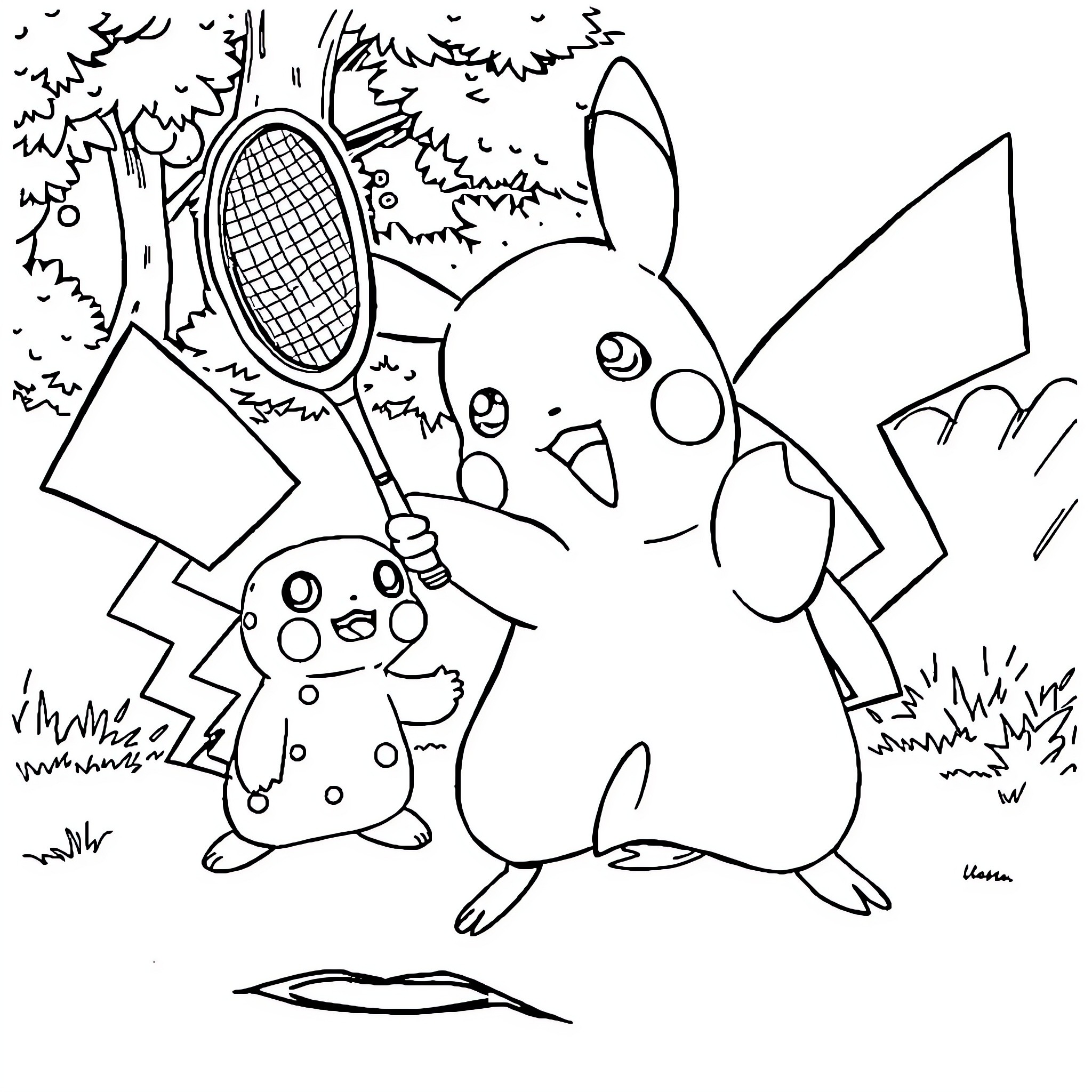 Pikachu and Pichu playing with tennis rackets in the forest Coloring Page (free black-and-white line drawing printable PDF for all, from beginners to advanced learners, including children, teens, adults, and seniors)