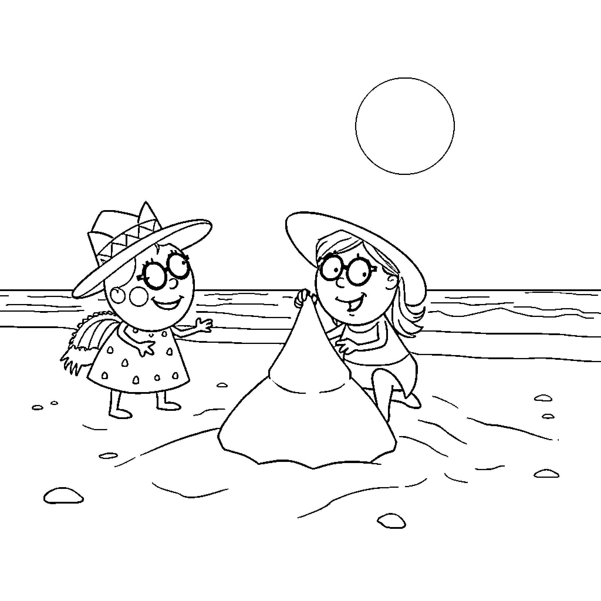 Pepa and Friend Enjoying the Beach Coloring Page (free black-and-white line drawing printable PDF for all, from beginners to advanced learners, including children, teens, adults, and seniors)