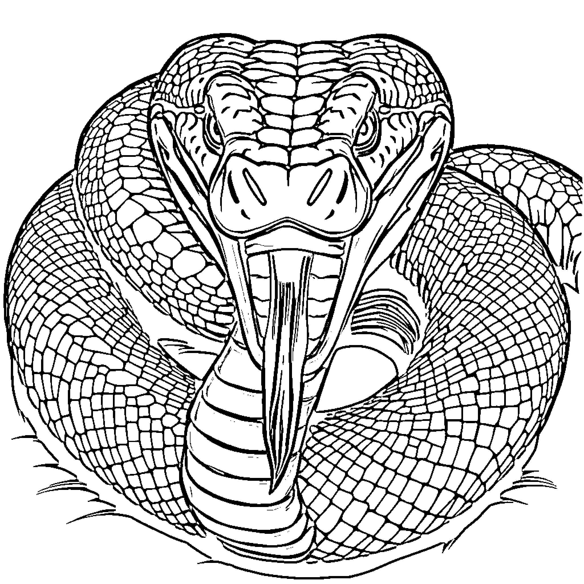 King Cobra hissing aggressively with open mouth Coloring Page (free black-and-white line drawing printable PDF for all, from beginners to advanced learners, including children, teens, adults, and seniors)