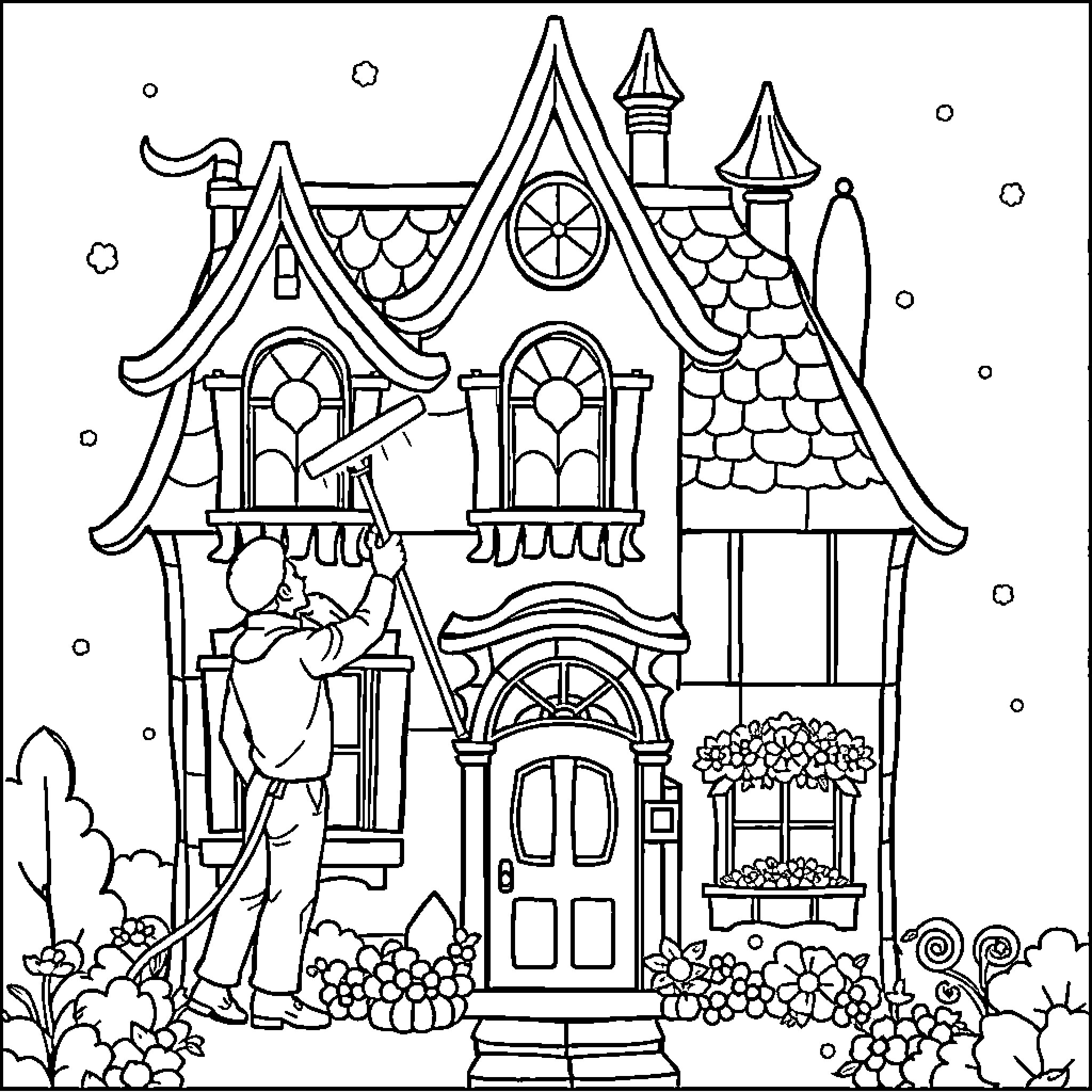 Window Cleaner Washing Stained Glass Cottage Coloring Page (free black-and-white line drawing printable PDF for all, from beginners to advanced learners, including children, teens, adults, and seniors)