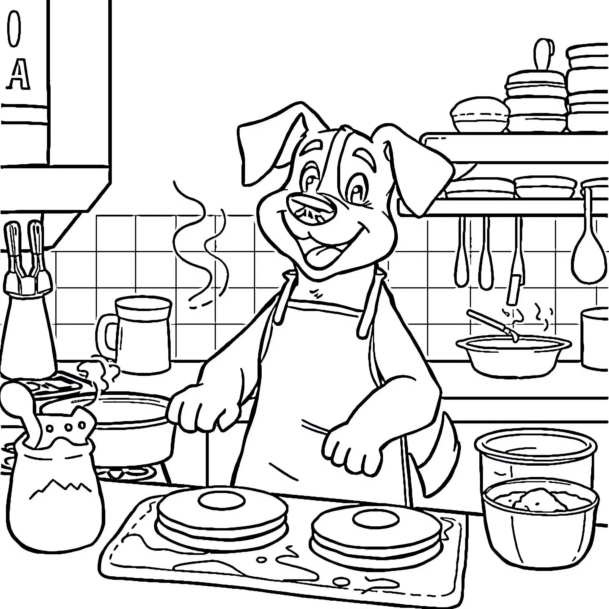 Dog cooking in a busy kitchen Coloring Page (free black-and-white line drawing printable PDF for all, from beginners to advanced learners, including children, teens, adults, and seniors)