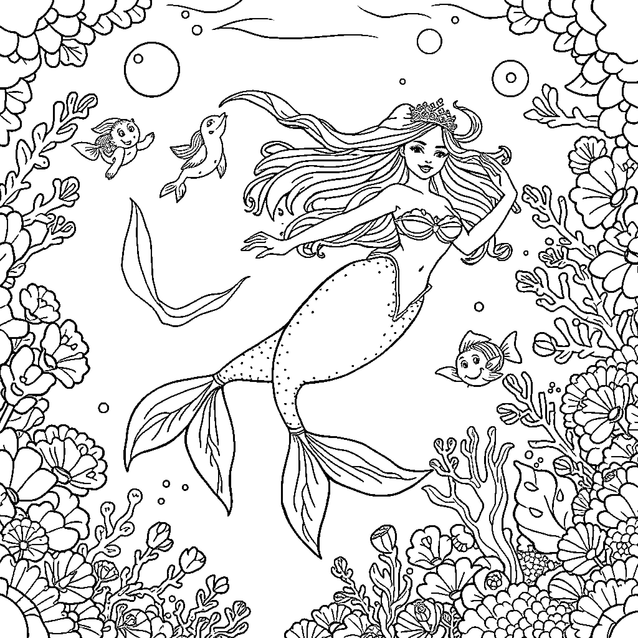 Mermaid swimming gracefully among underwater plants and creatures Coloring Page (free black-and-white line drawing printable PDF for all, from beginners to advanced learners, including children, teens, adults, and seniors)