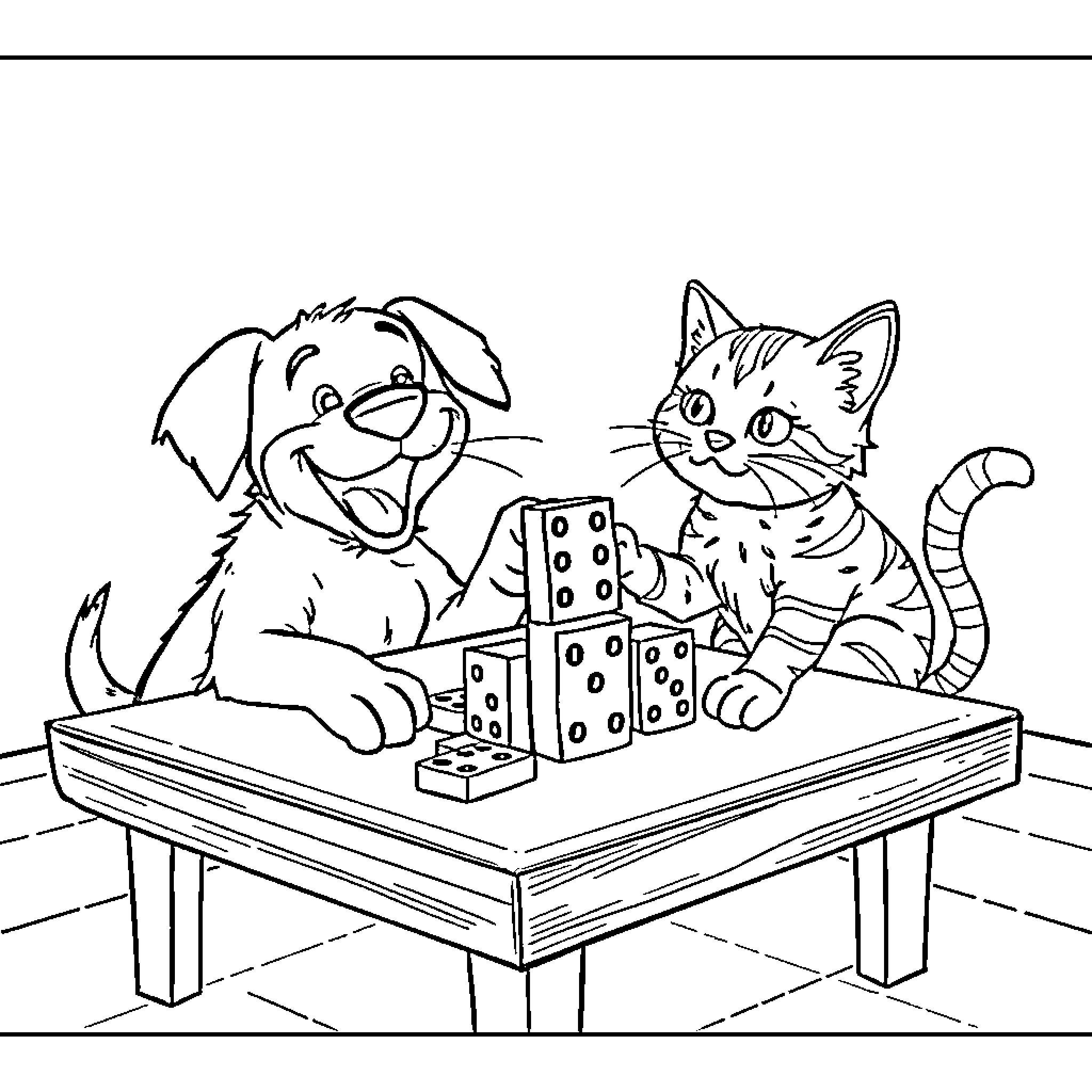 Dog and Cat Playing with Dice Coloring Page (free black-and-white line drawing printable PDF for all, from beginners to advanced learners, including children, teens, adults, and seniors)