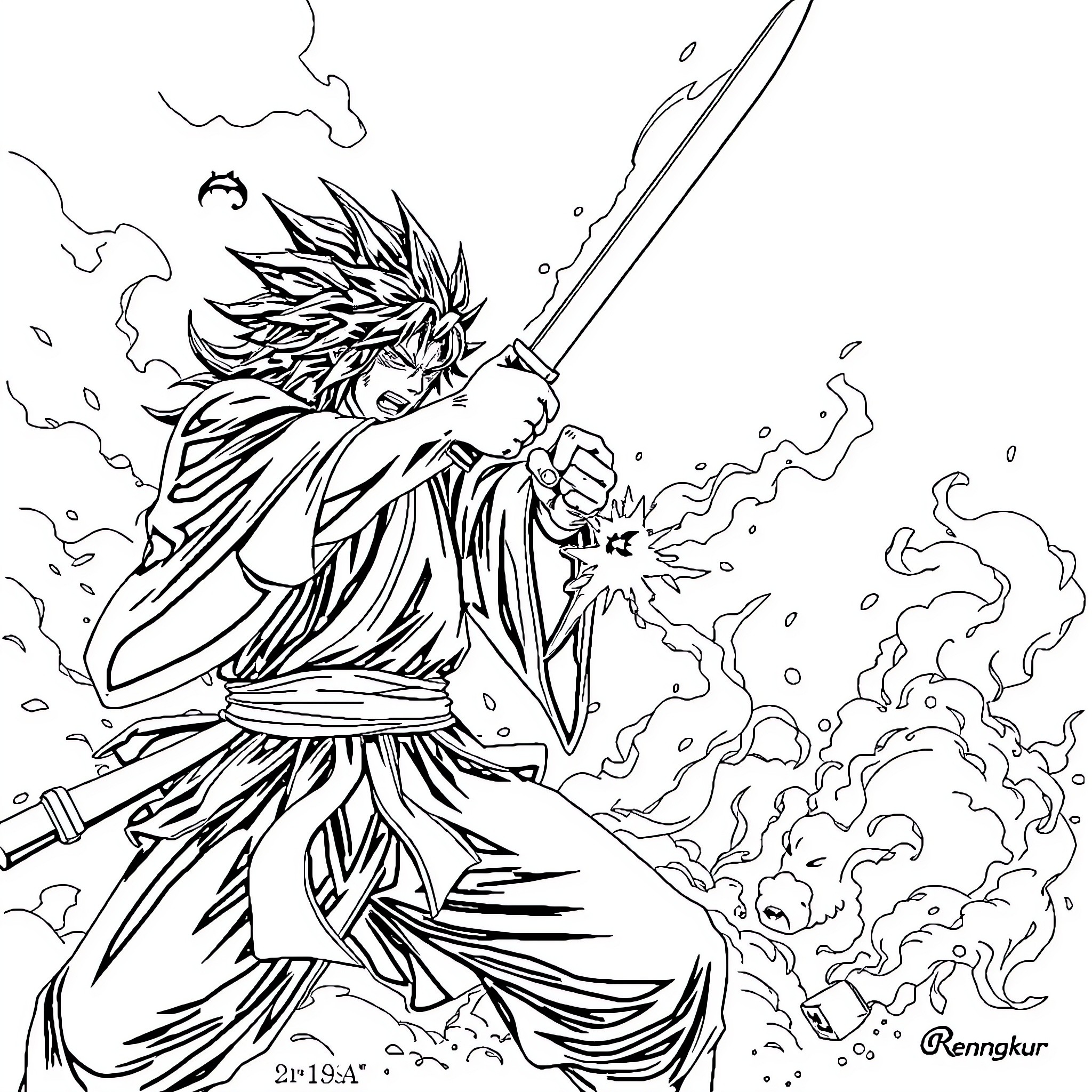 Rengoku in fierce battle, wielding sword with intense energy Coloring Page (free black-and-white line drawing printable PDF for all, from beginners to advanced learners, including children, teens, adults, and seniors)
