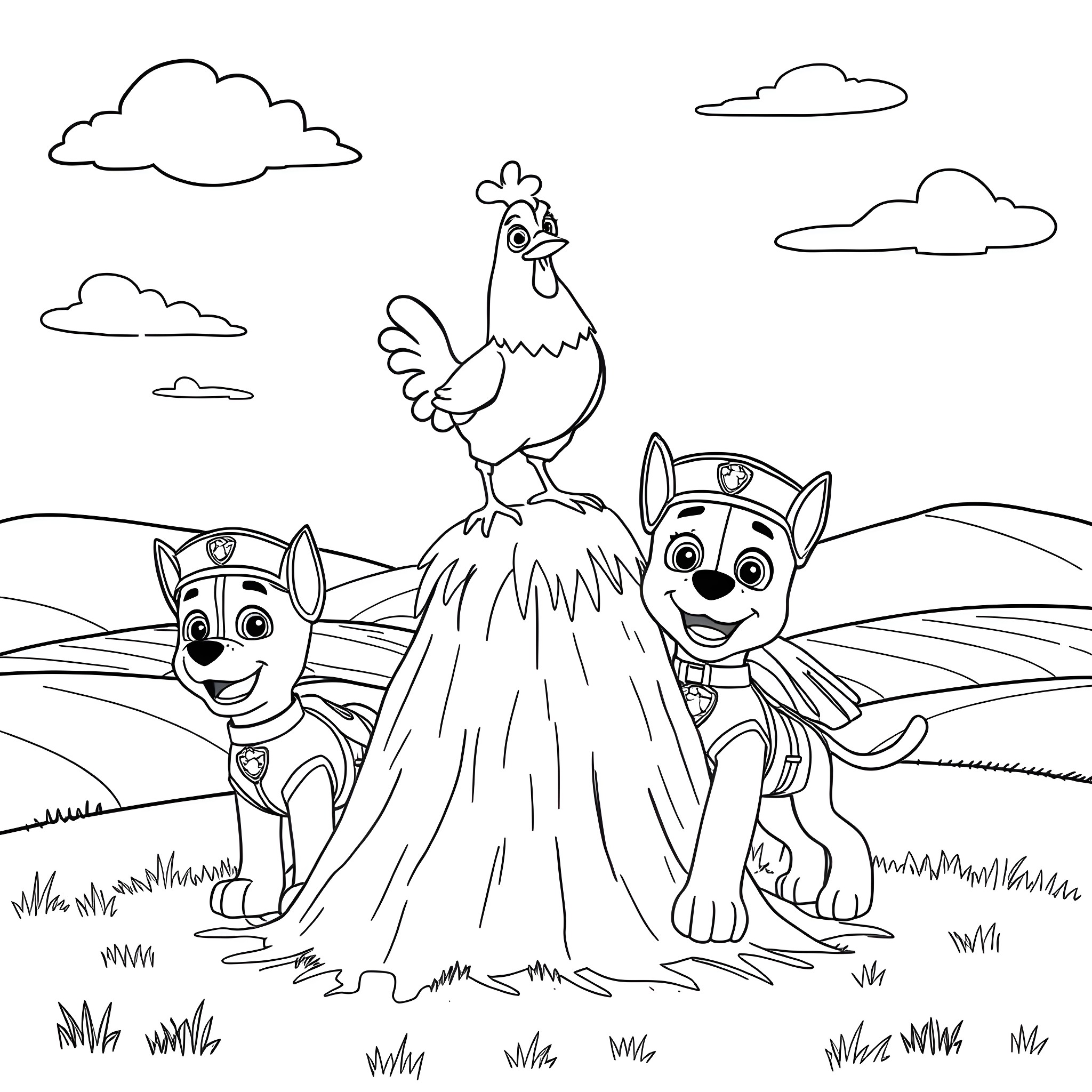 Paw Patrol characters exploring the countryside Coloring Page (free black-and-white line drawing printable PDF for all, from beginners to advanced learners, including children, teens, adults, and seniors)