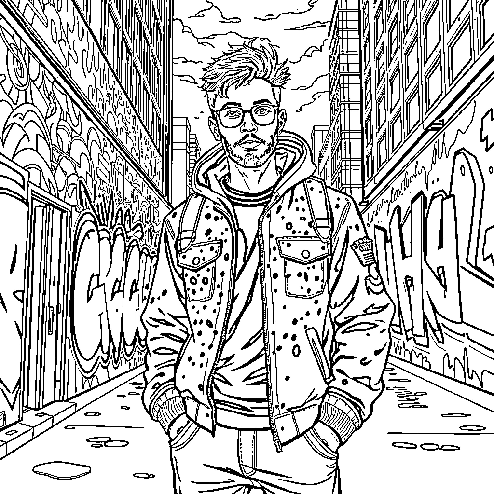 Artist depicts young man in urban street scene Coloring Page (free black-and-white line drawing printable PDF for all, from beginners to advanced learners, including children, teens, adults, and seniors)