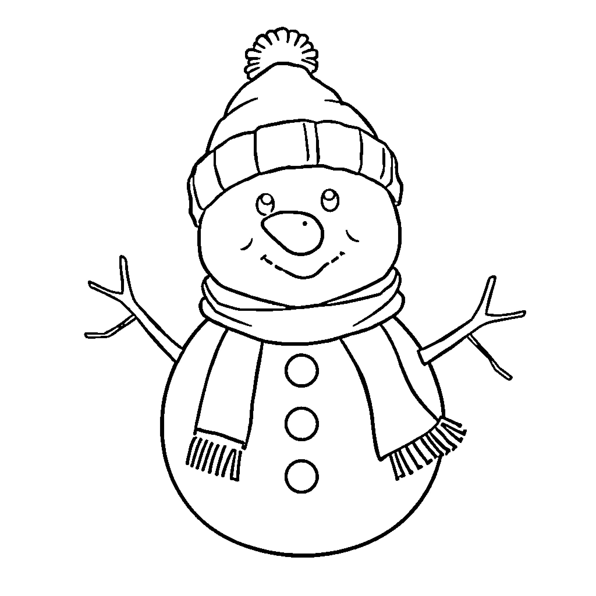 Snowman happily greeting in winter attire Coloring Page (free black-and-white line drawing printable PDF for all, from beginners to advanced learners, including children, teens, adults, and seniors)