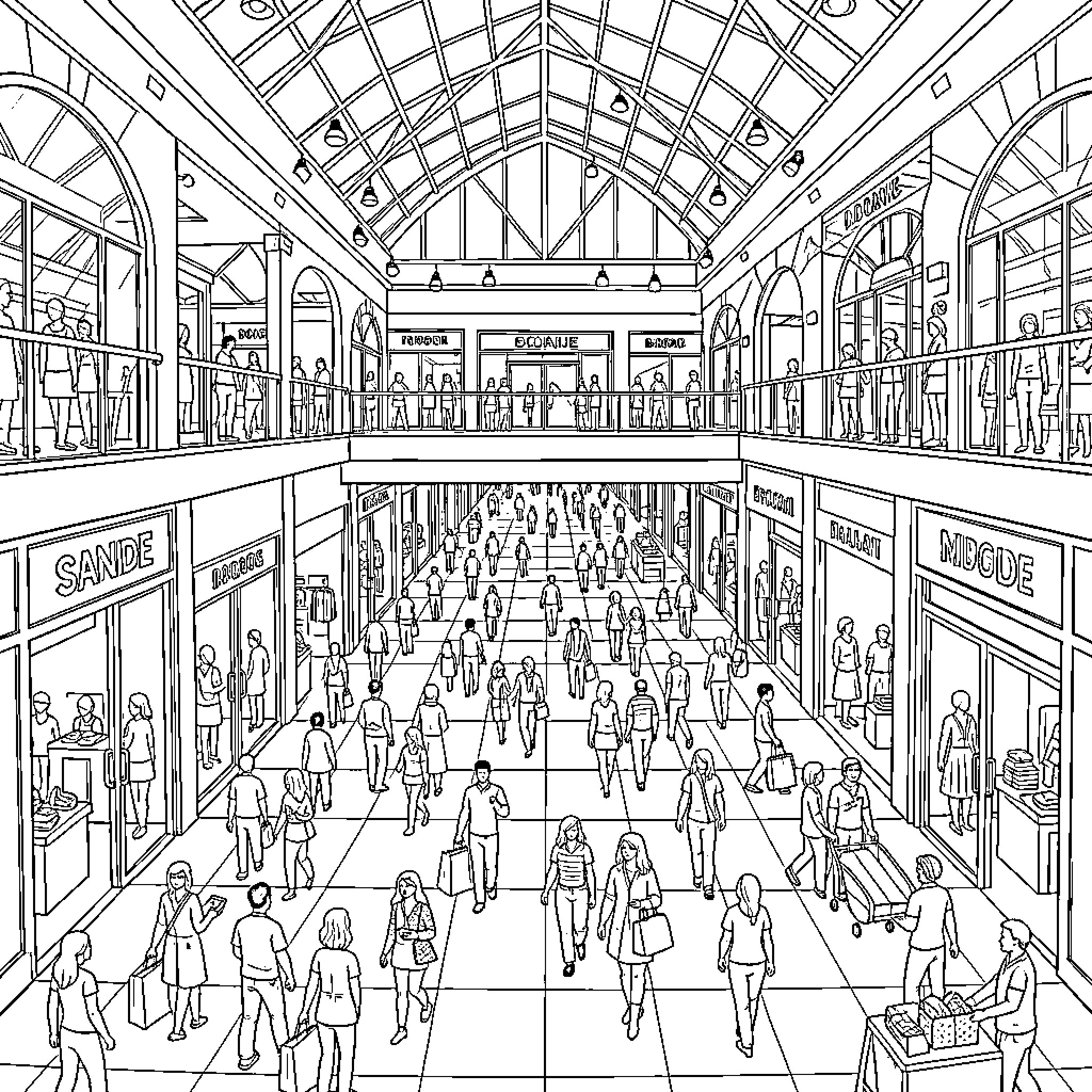 Mall Filled with Bustling Shoppers and Stores Coloring Page (free black-and-white line drawing printable PDF for all, from beginners to advanced learners, including children, teens, adults, and seniors)