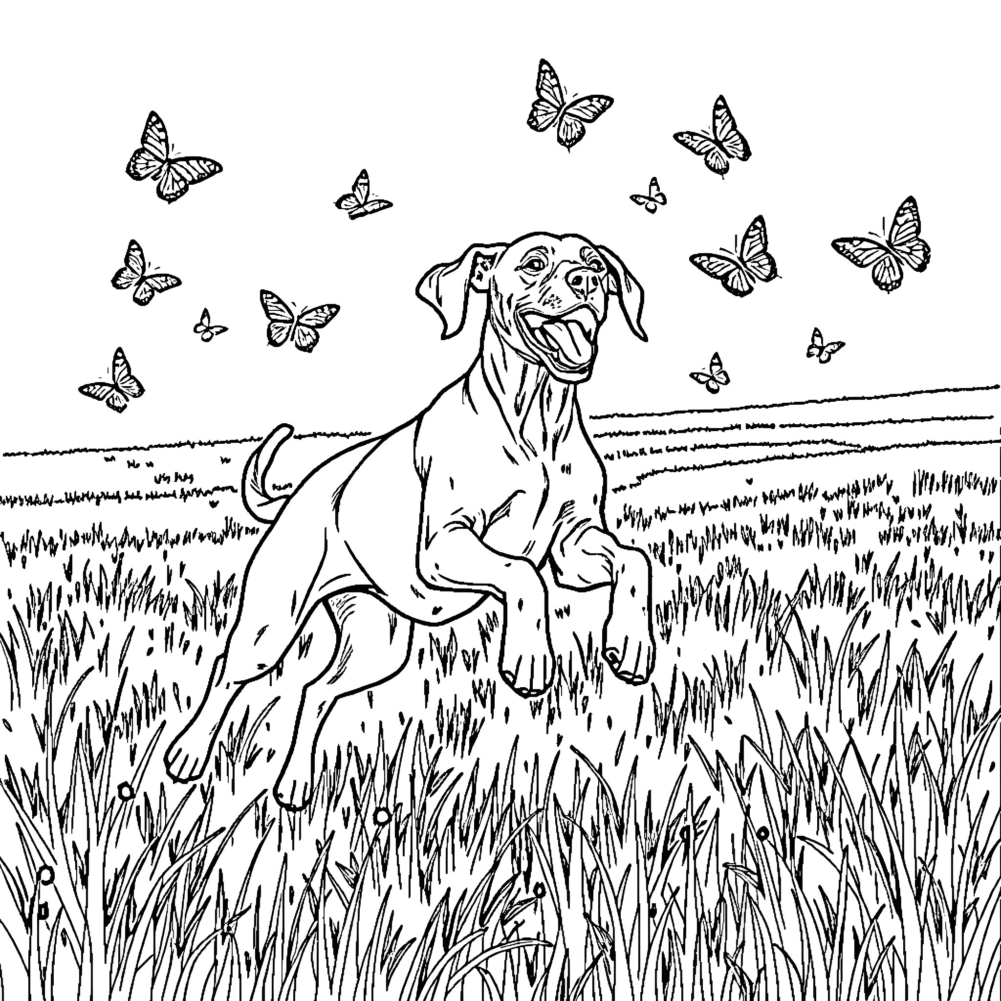 Weimaraner playing happily with butterflies in a field Coloring Page (free black-and-white line drawing printable PDF for all, from beginners to advanced learners, including children, teens, adults, and seniors)