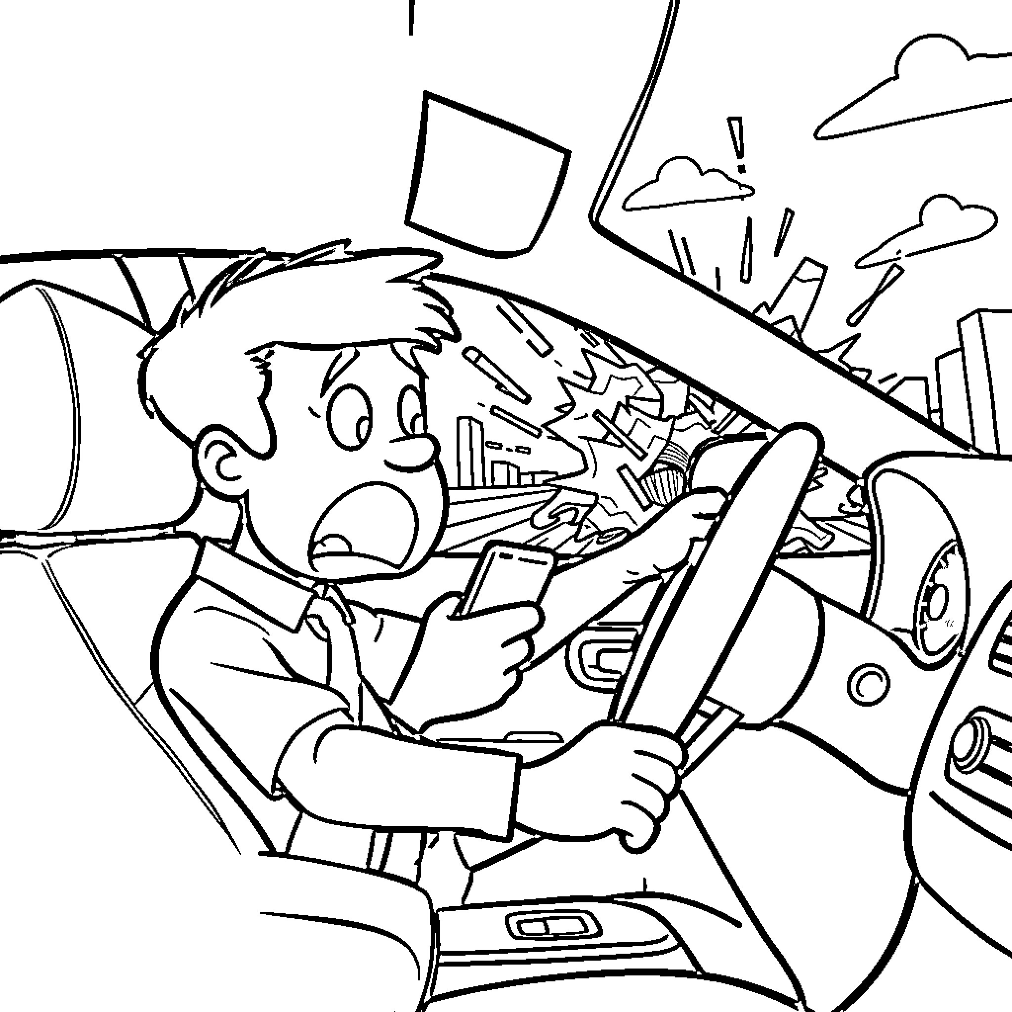 Cartoon Character Stressed While Driving in Traffic Coloring Page (free black-and-white line drawing printable PDF for all, from beginners to advanced learners, including children, teens, adults, and seniors)