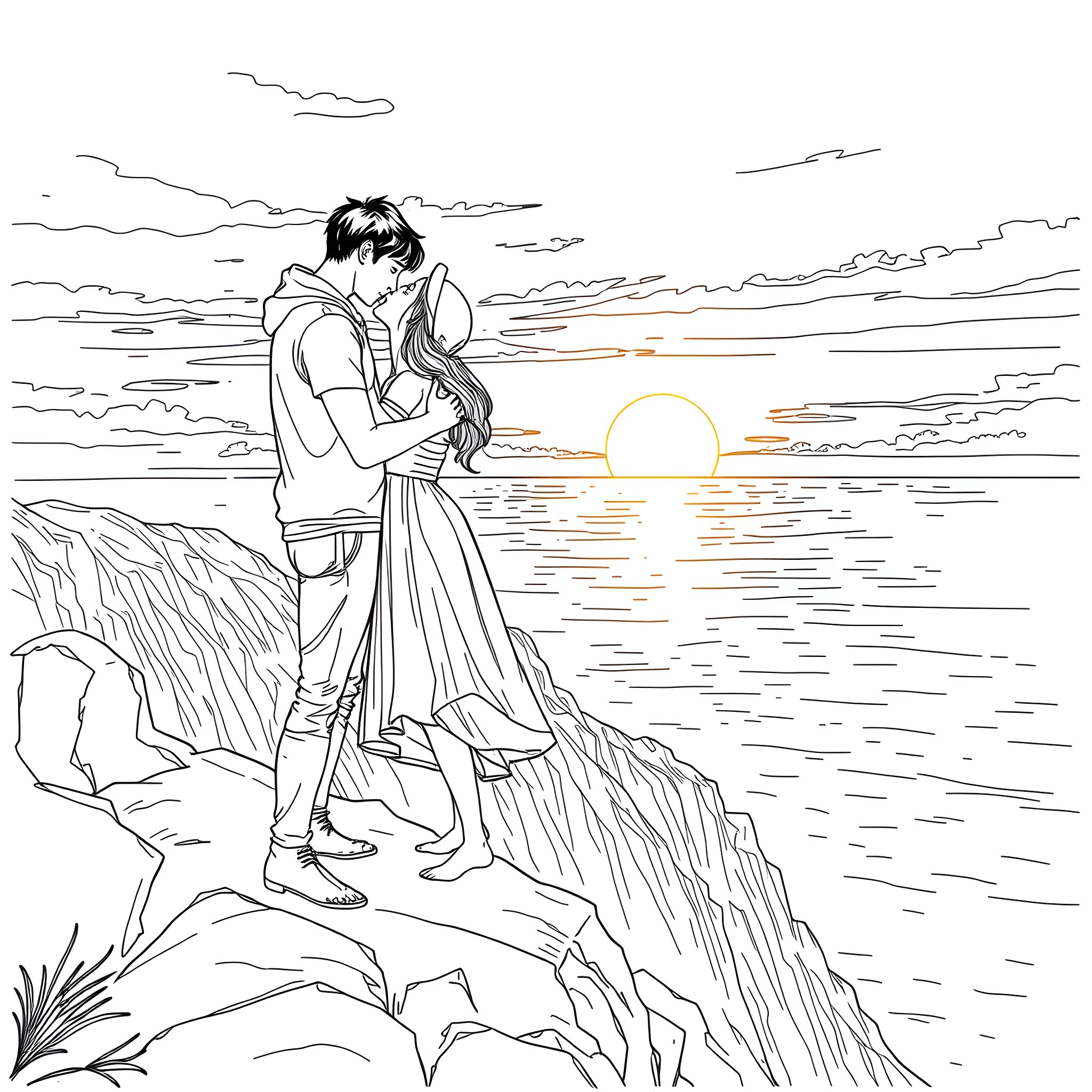 Percy Jackson and Annabeth Chase's Romantic Embrace at Sunset Coloring Page (free black-and-white line drawing printable PDF for all, from beginners to advanced learners, including children, teens, adults, and seniors)