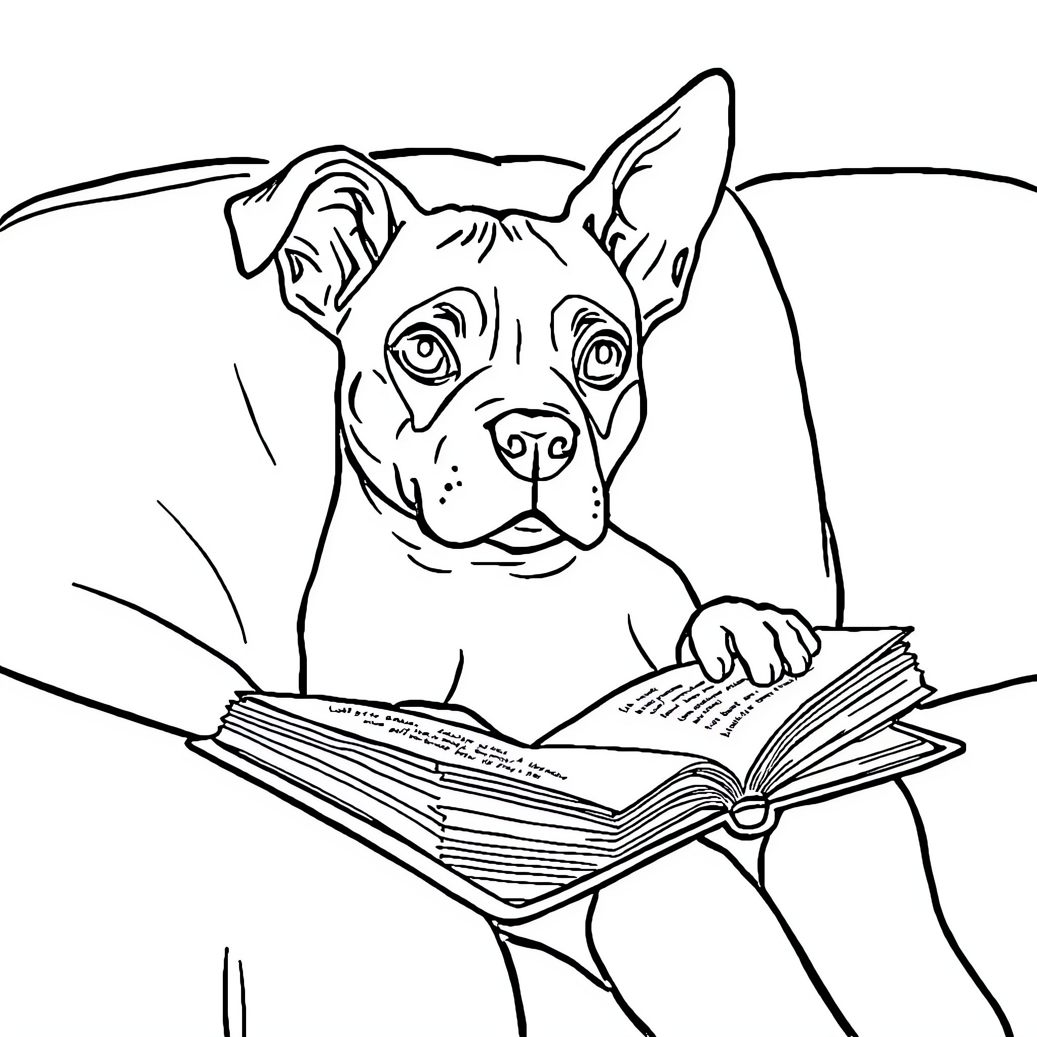 Perro reading a book intently Coloring Page (free black-and-white line drawing printable PDF for all, from beginners to advanced learners, including children, teens, adults, and seniors)