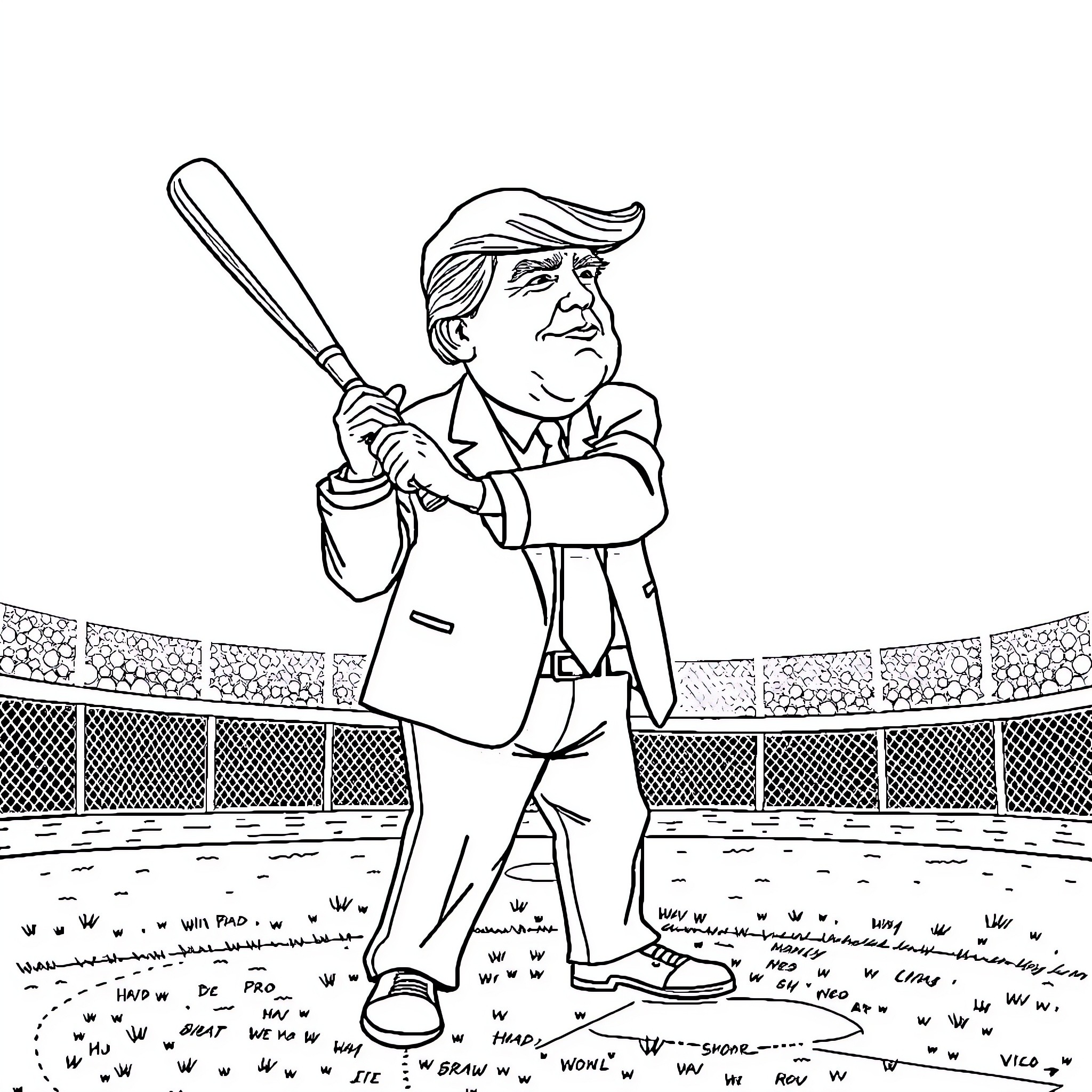 Donald Trump Playing Baseball in Stadium Coloring Page (free black-and-white line drawing printable PDF for all, from beginners to advanced learners, including children, teens, adults, and seniors)
