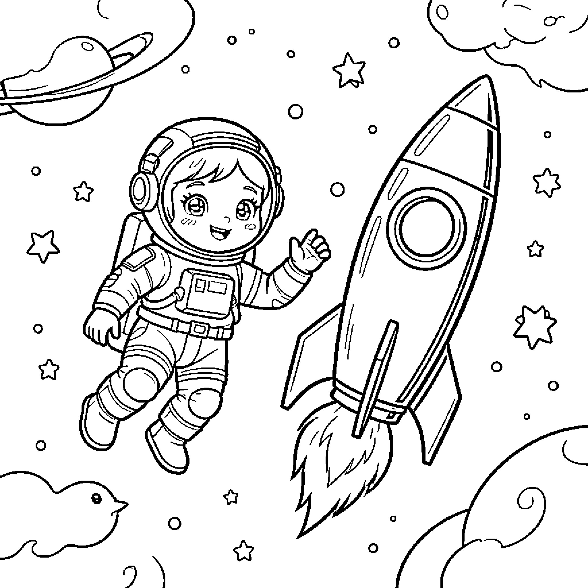 Astronaut floating happily next to a flying rocket Coloring Page (free black-and-white line drawing printable PDF for all, from beginners to advanced learners, including children, teens, adults, and seniors)