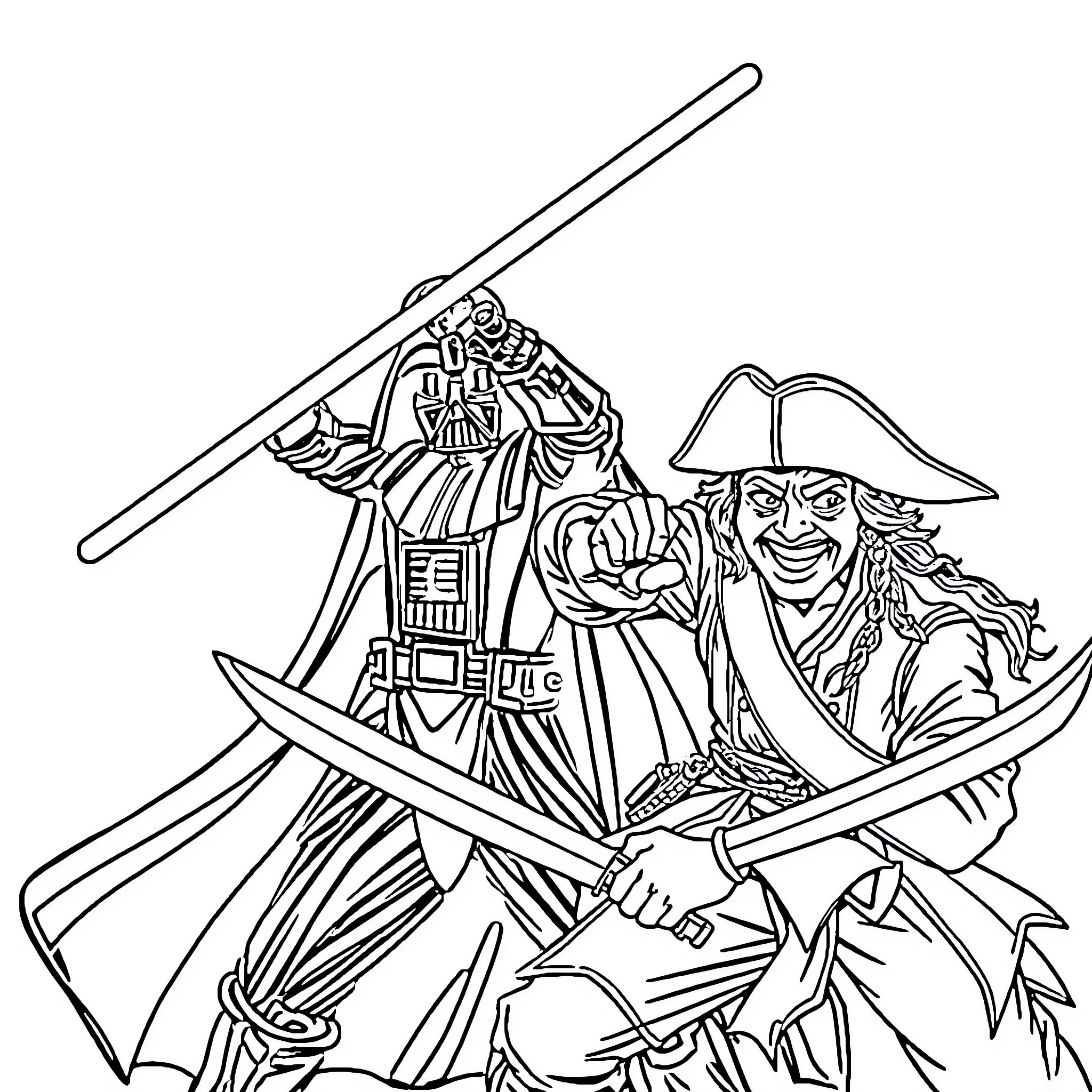 Darth Vader and Pirate Engaged in Epic Battle Coloring Page (free black-and-white line drawing printable PDF for all, from beginners to advanced learners, including children, teens, adults, and seniors)