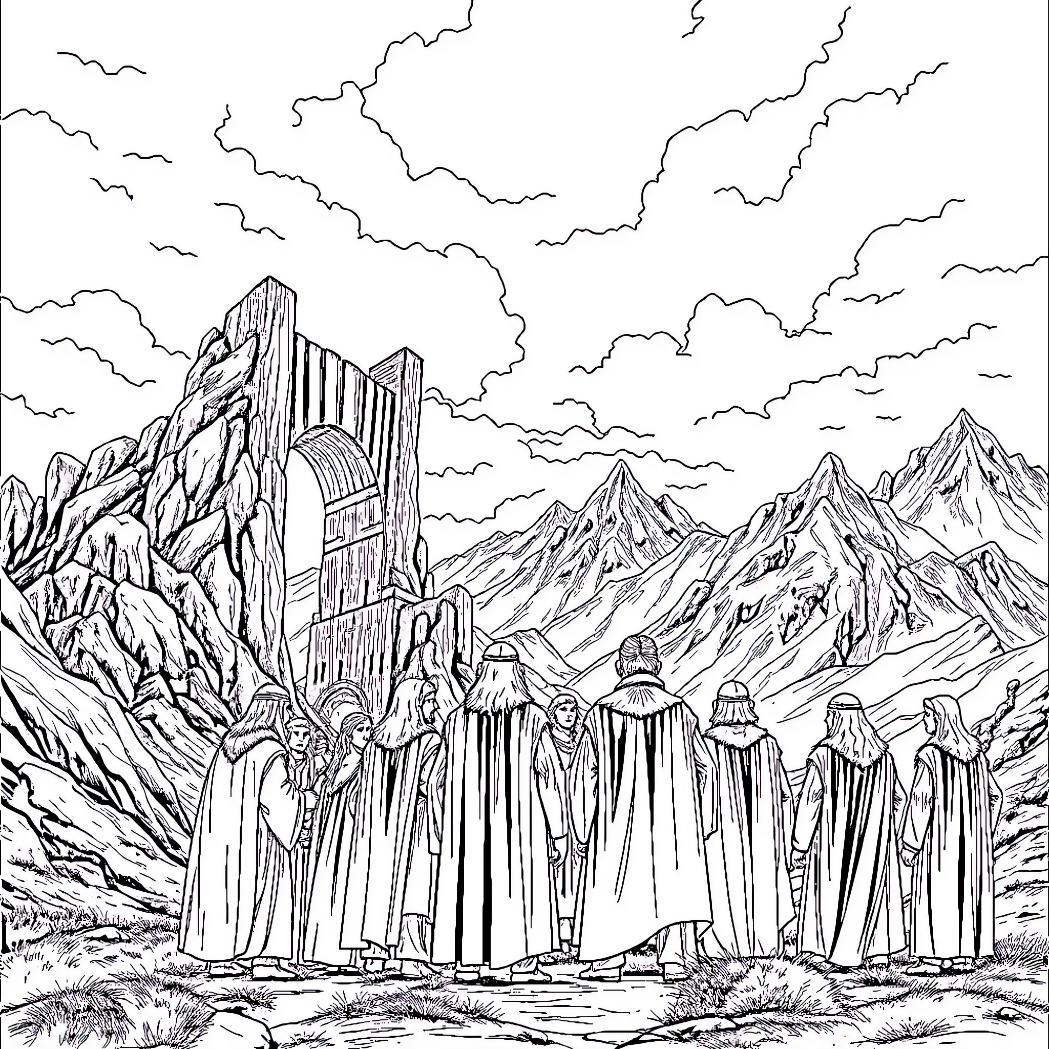 Fellowship of Robed Figures in a Mountainous Landscape Coloring Page (free black-and-white line drawing printable PDF for all, from beginners to advanced learners, including children, teens, adults, and seniors)