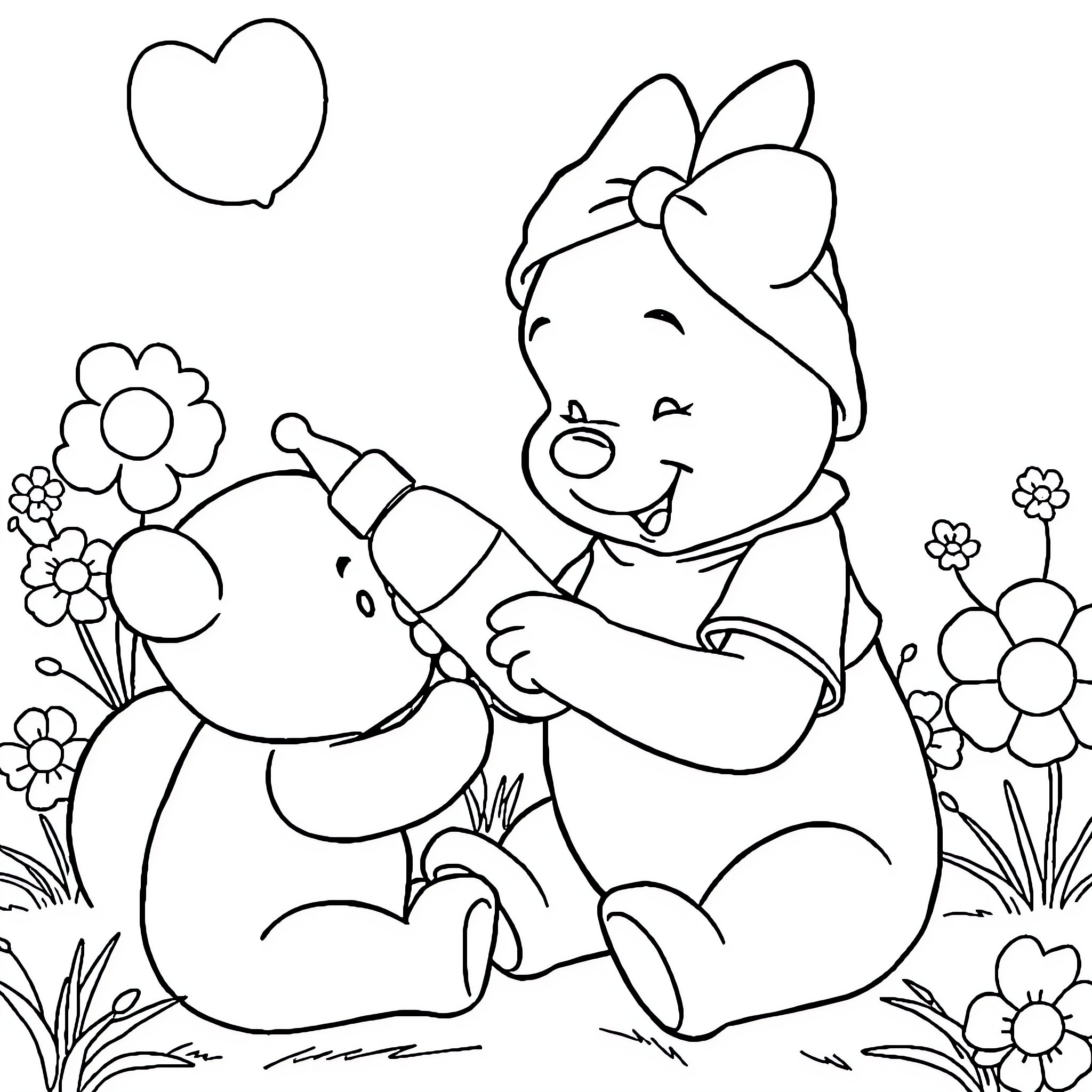 Winnie The Pooh and Piglet Sharing Flowers Coloring Page (free black-and-white line drawing printable PDF for all, from beginners to advanced learners, including children, teens, adults, and seniors)