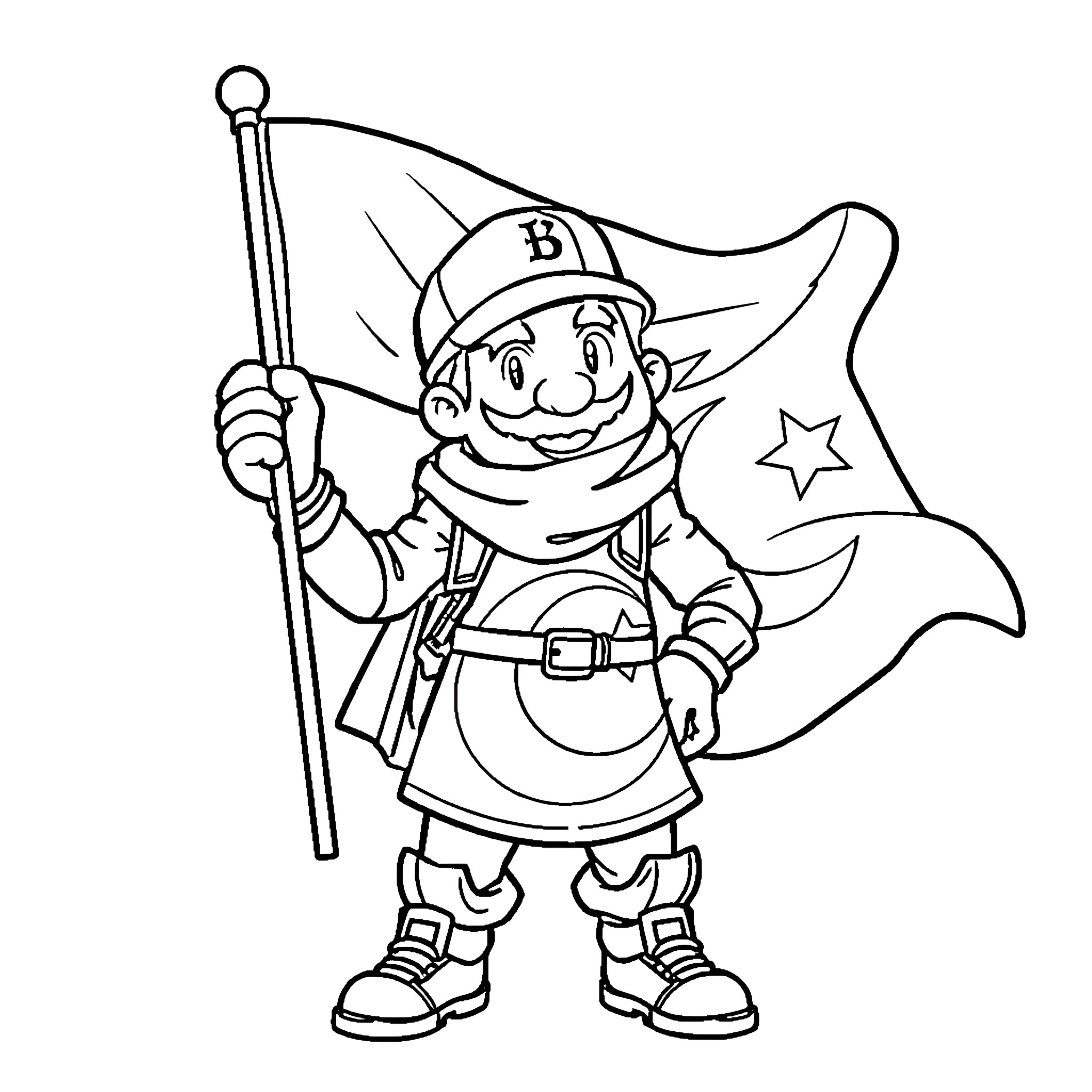 Milio waving a flag with a star Coloring Page (free black-and-white line drawing printable PDF for all, from beginners to advanced learners, including children, teens, adults, and seniors)