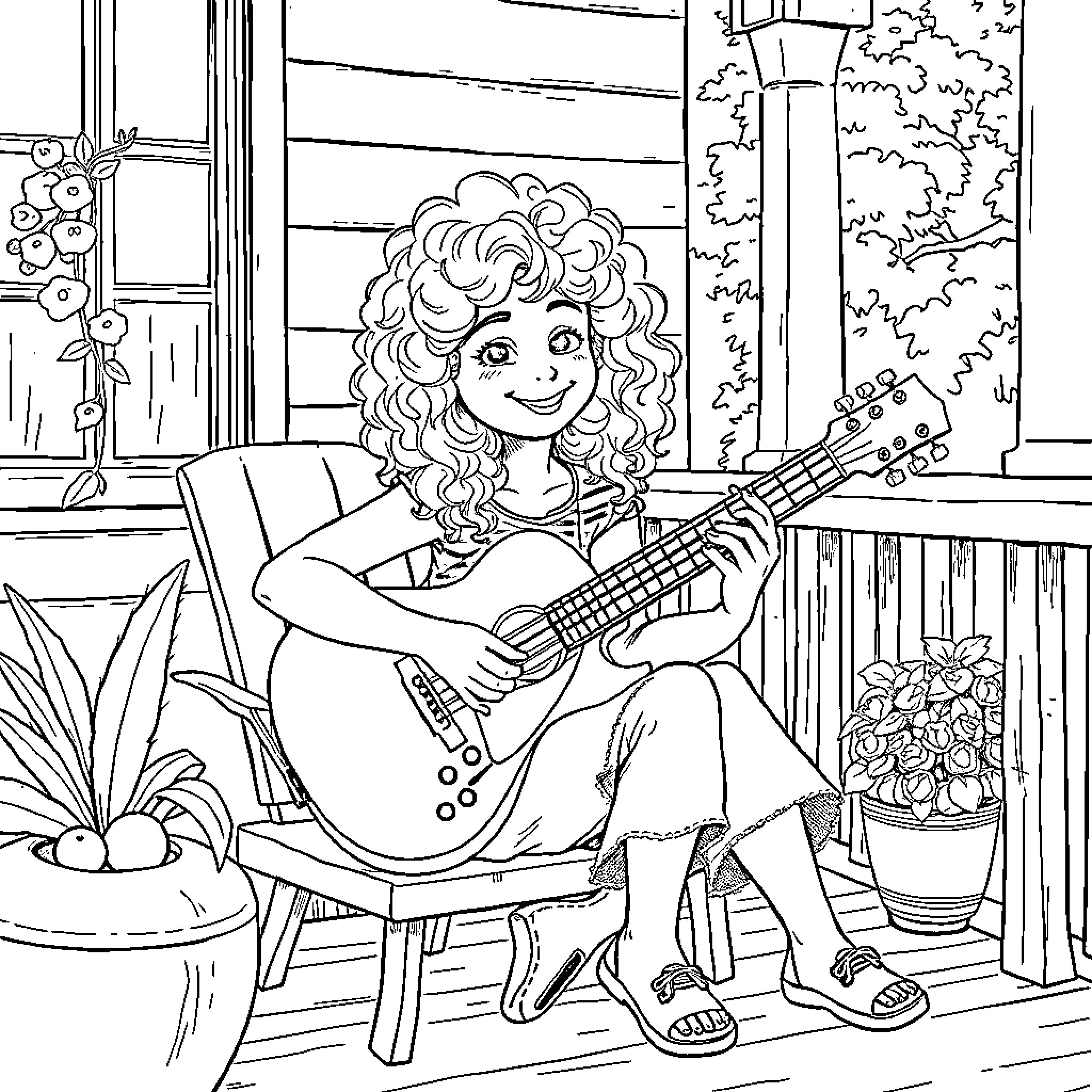 Girl playing guitar on porch Coloring Page (free black-and-white line drawing printable PDF for all, from beginners to advanced learners, including children, teens, adults, and seniors)