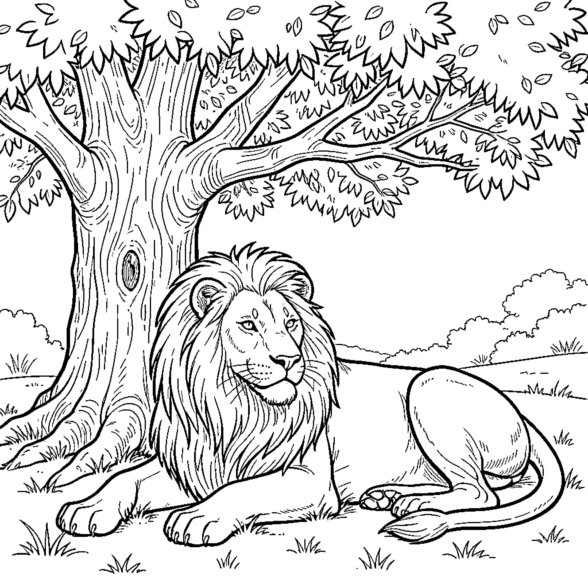 Lion resting peacefully under the tree Coloring Page (free black-and-white line drawing printable PDF for all, from beginners to advanced learners, including children, teens, adults, and seniors)
