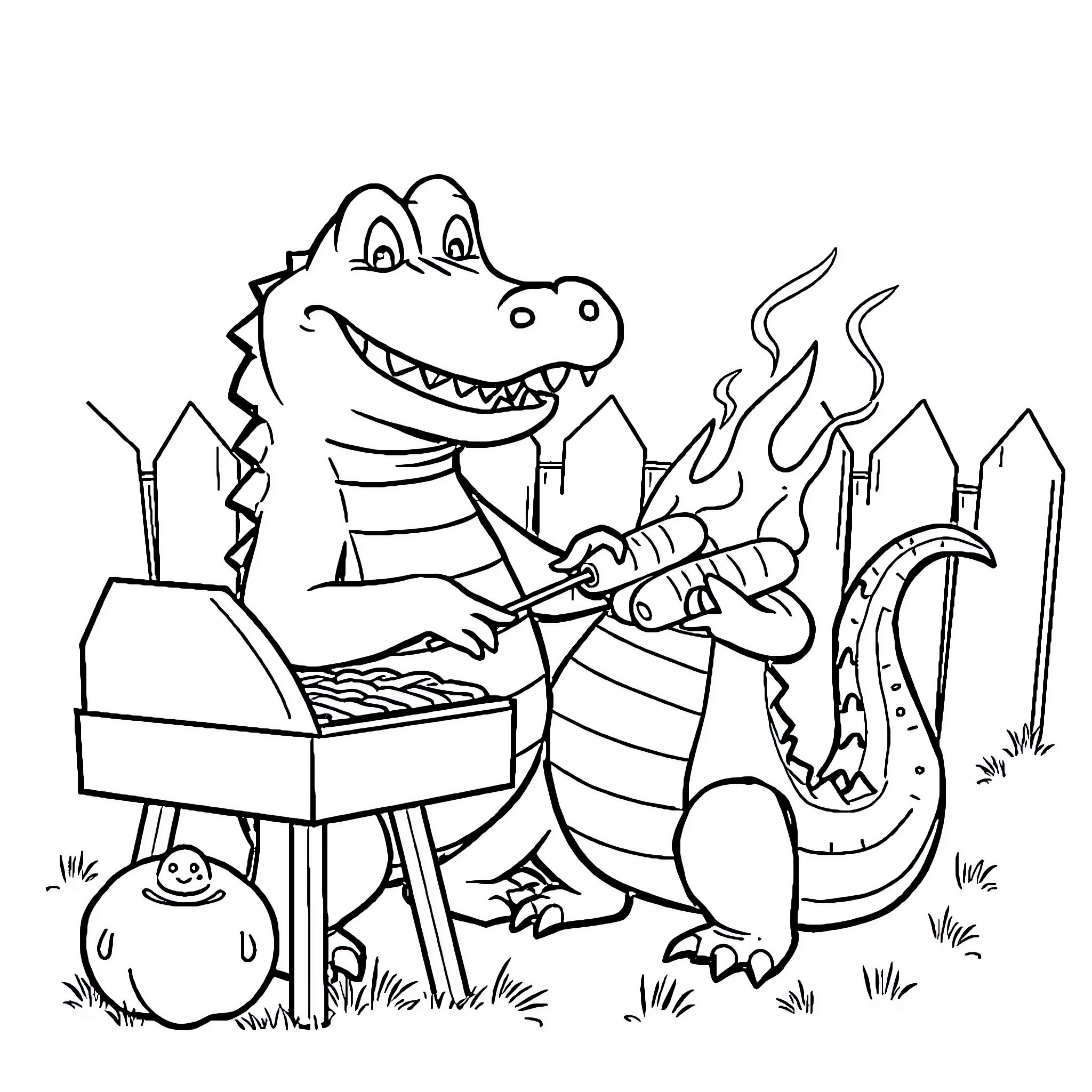 Alligator grilling sausages at a backyard barbecue Coloring Page (free black-and-white line drawing printable PDF for all, from beginners to advanced learners, including children, teens, adults, and seniors)
