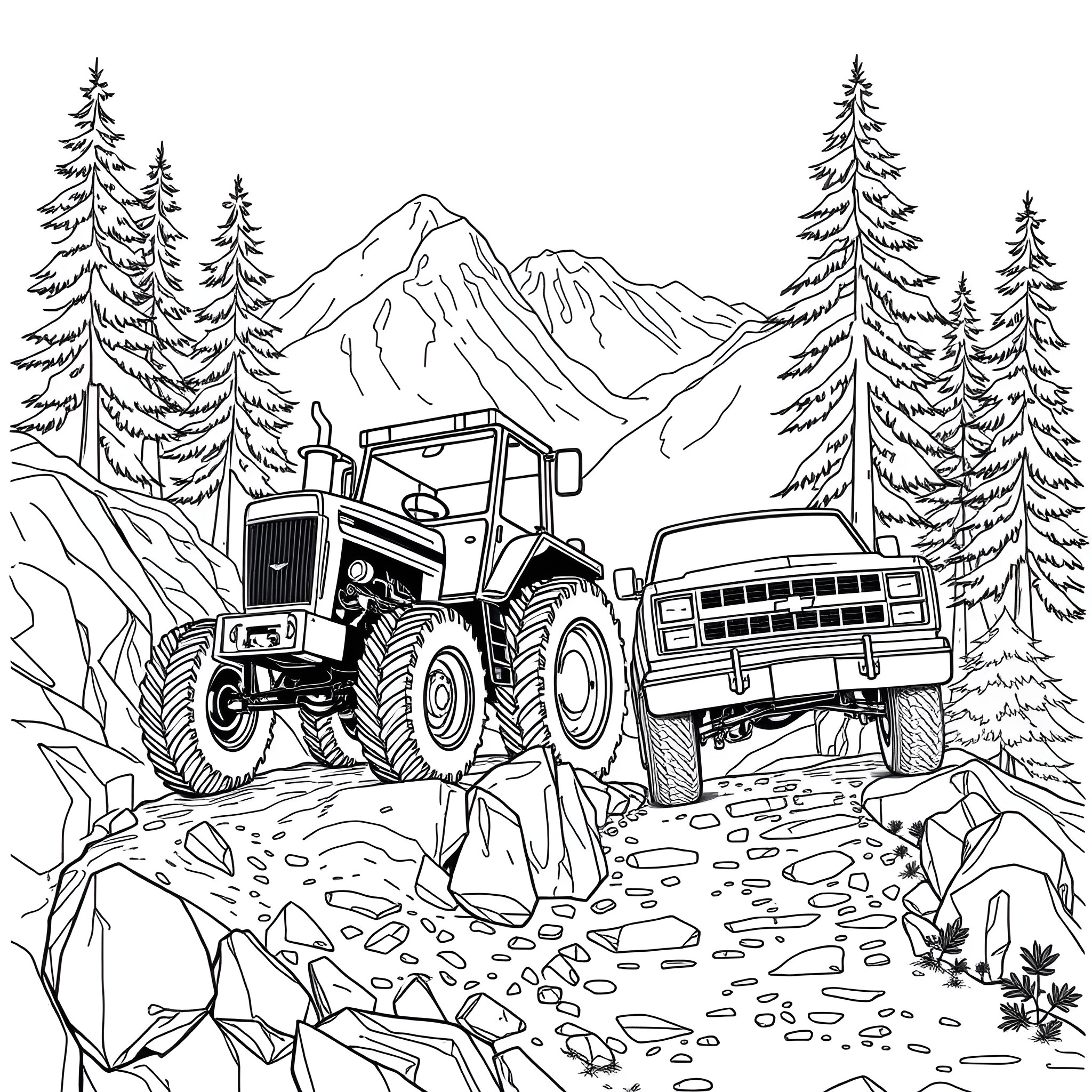 Tractor and off-road vehicle in mountain landscape Coloring Page (free black-and-white line drawing printable PDF for all, from beginners to advanced learners, including children, teens, adults, and seniors)